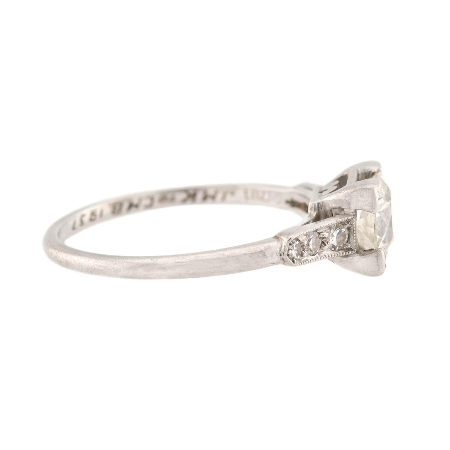 Old European Cut Art Deco Platinum Diamond Engagement Ring .86ct For Sale