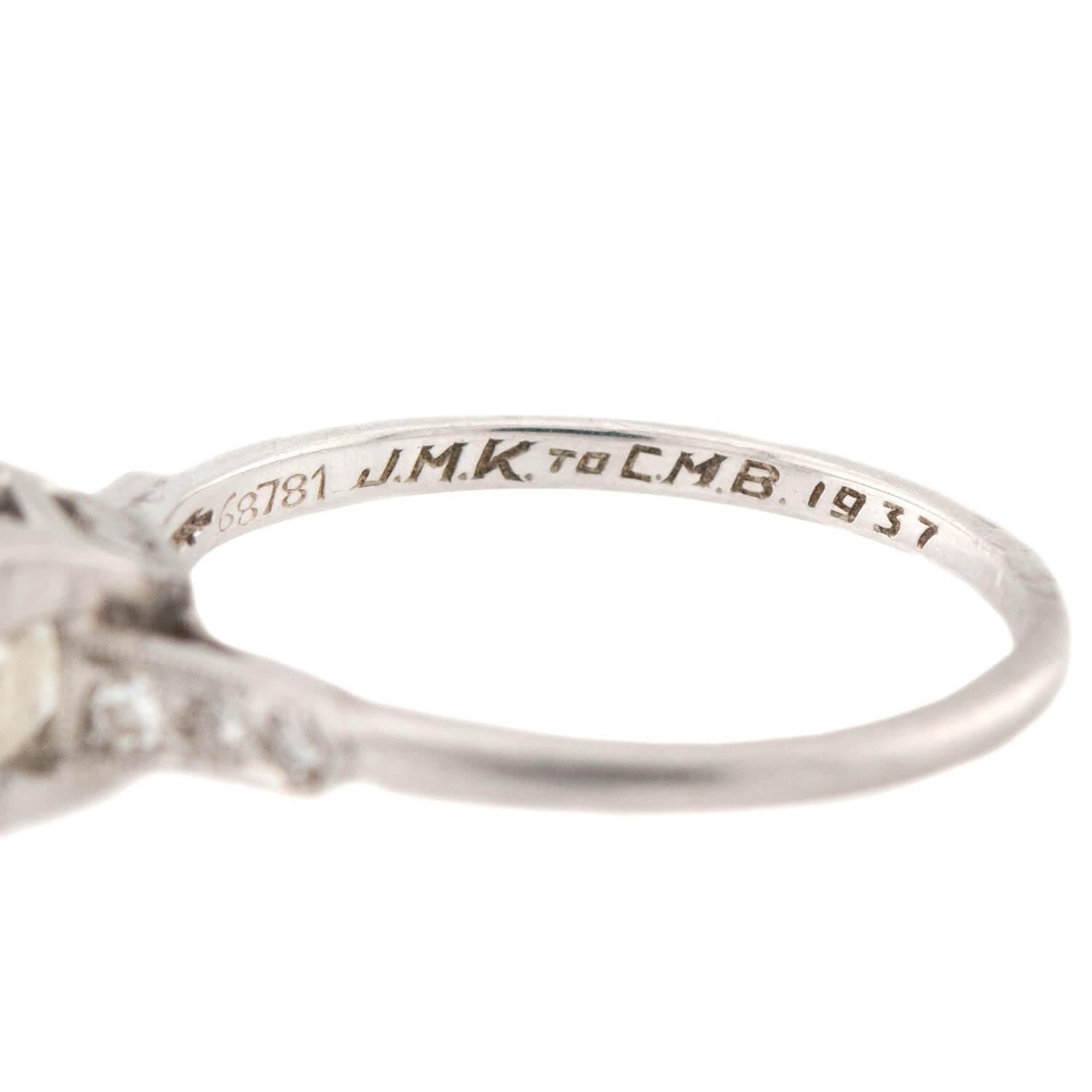 Art Deco Platinum Diamond Engagement Ring .86ct For Sale 2