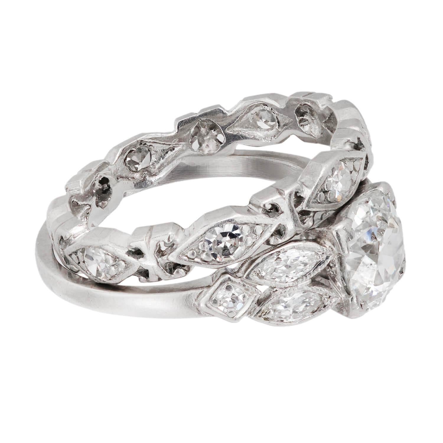 Art Déco Anello di fidanzamento e fascia in platino Art Deco con diamante da 0,75 carati in vendita