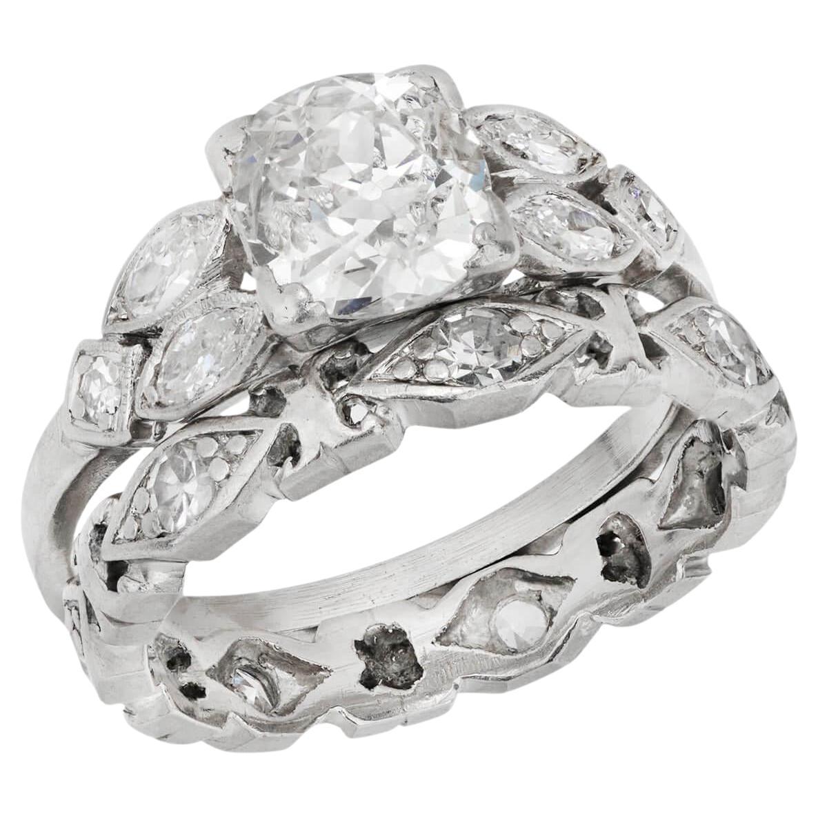 Art Deco Platinum Diamond Engagement Ring and Band Set .75ct
