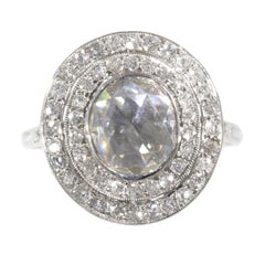 Art Deco Platinum Diamond Engagement Ring with Large Rose Cut Diamond
