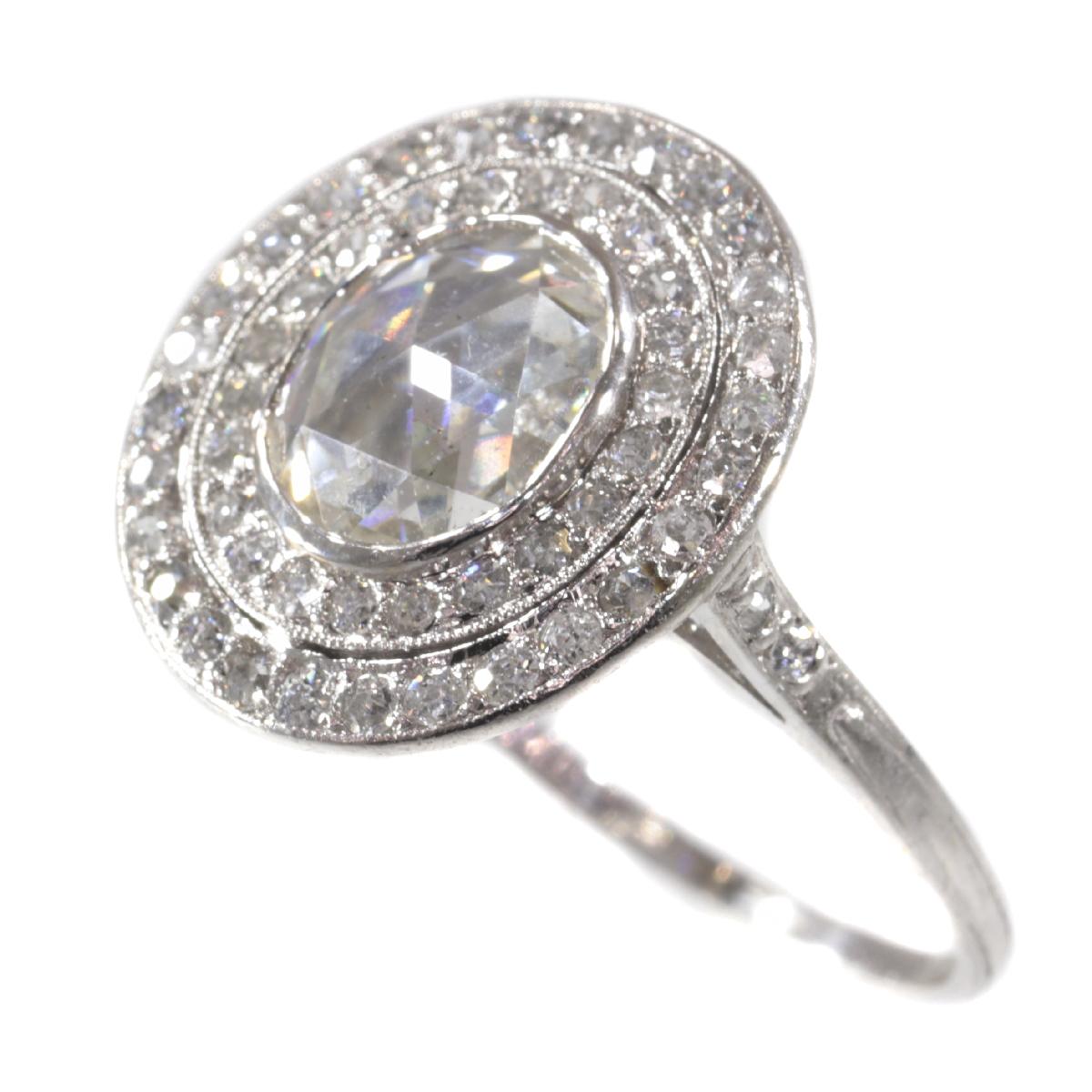Women's Art Deco Platinum Diamond Engagement Ring with Large Rose Cut Diamond For Sale