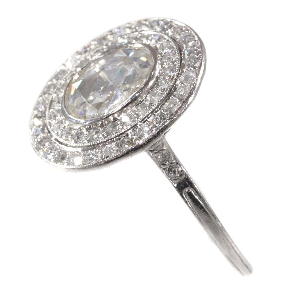 Art Deco Platinum Diamond Engagement Ring with Large Rose Cut Diamond For Sale 1