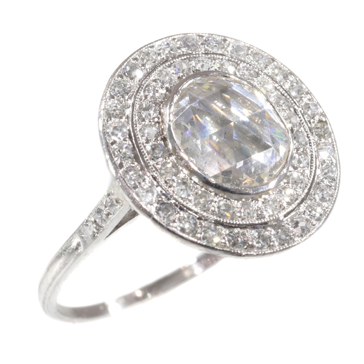 Art Deco Platinum Diamond Engagement Ring with Large Rose Cut Diamond For Sale 4