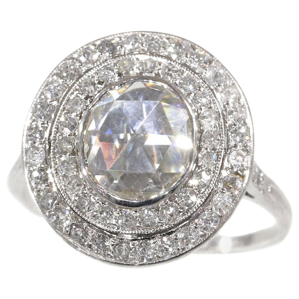 Art Deco Platinum Diamond Engagement Ring with Large Rose Cut Diamond For Sale