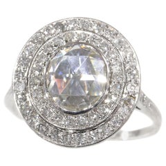 Art Deco Platinum Diamond Engagement Ring with Large Rose Cut Diamond