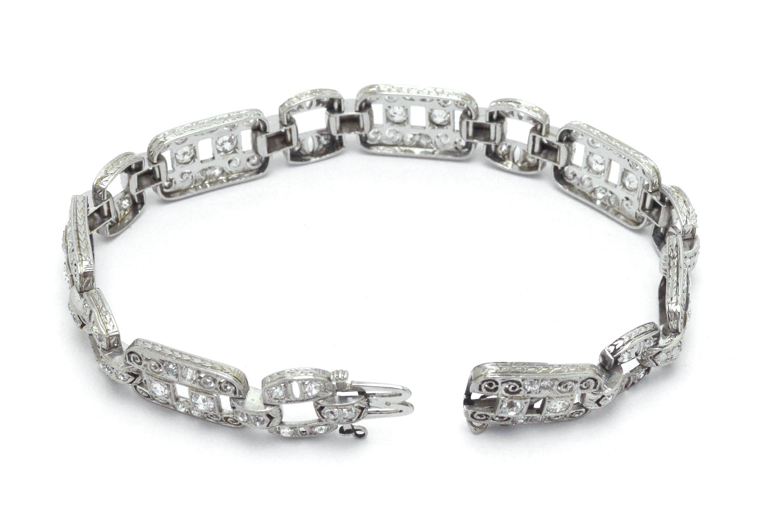 Old Mine Cut Art Deco Platinum Diamond Filigree Bracelet 1920s Edwardian Antique Wide Links