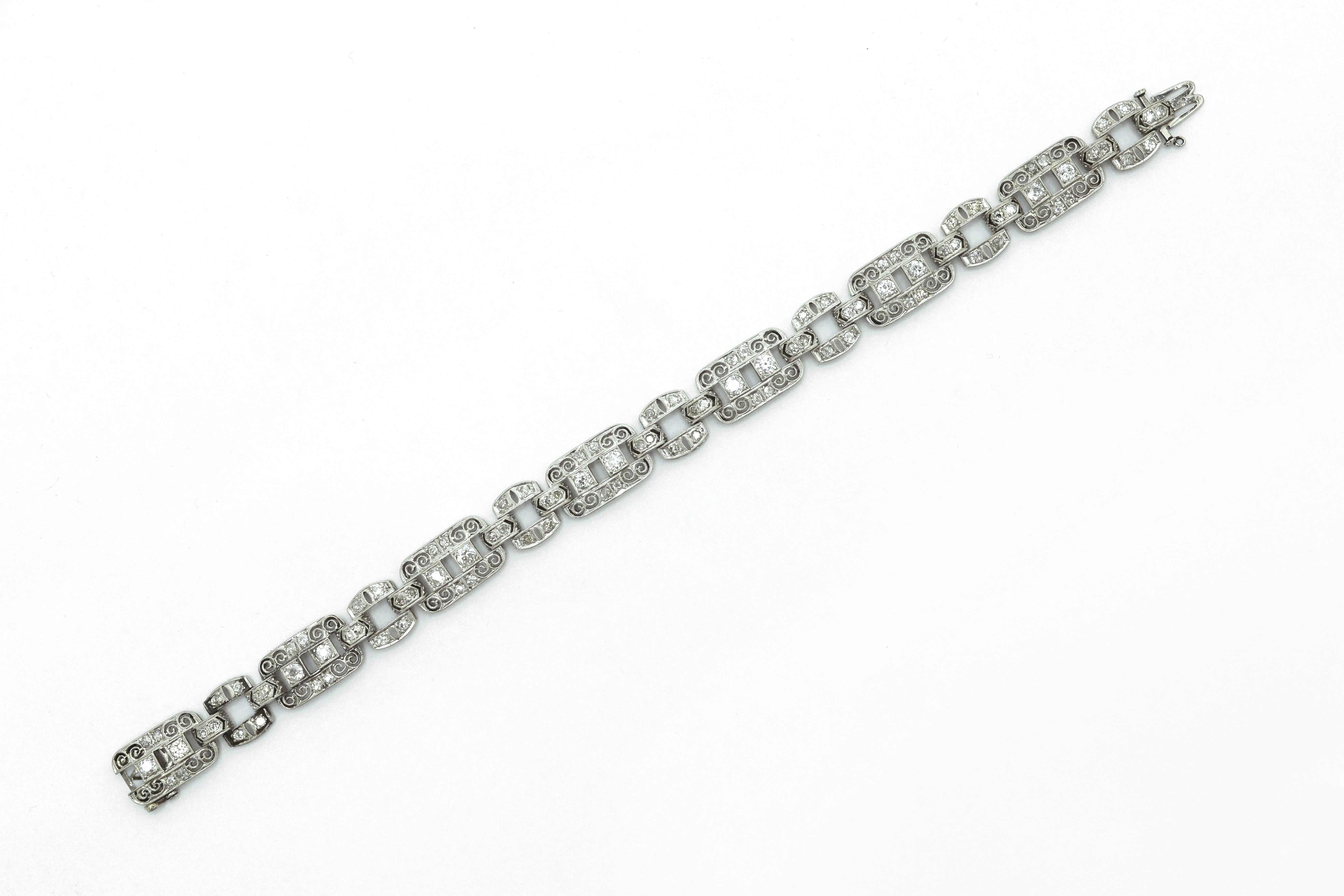 Art Deco Platinum Diamond Filigree Bracelet 1920s Edwardian Antique Wide Links In Good Condition In Santa Barbara, CA