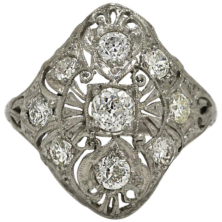 Art Deco Platinum Diamond Filigree Edwardian Cocktail Statement Ring Trinity