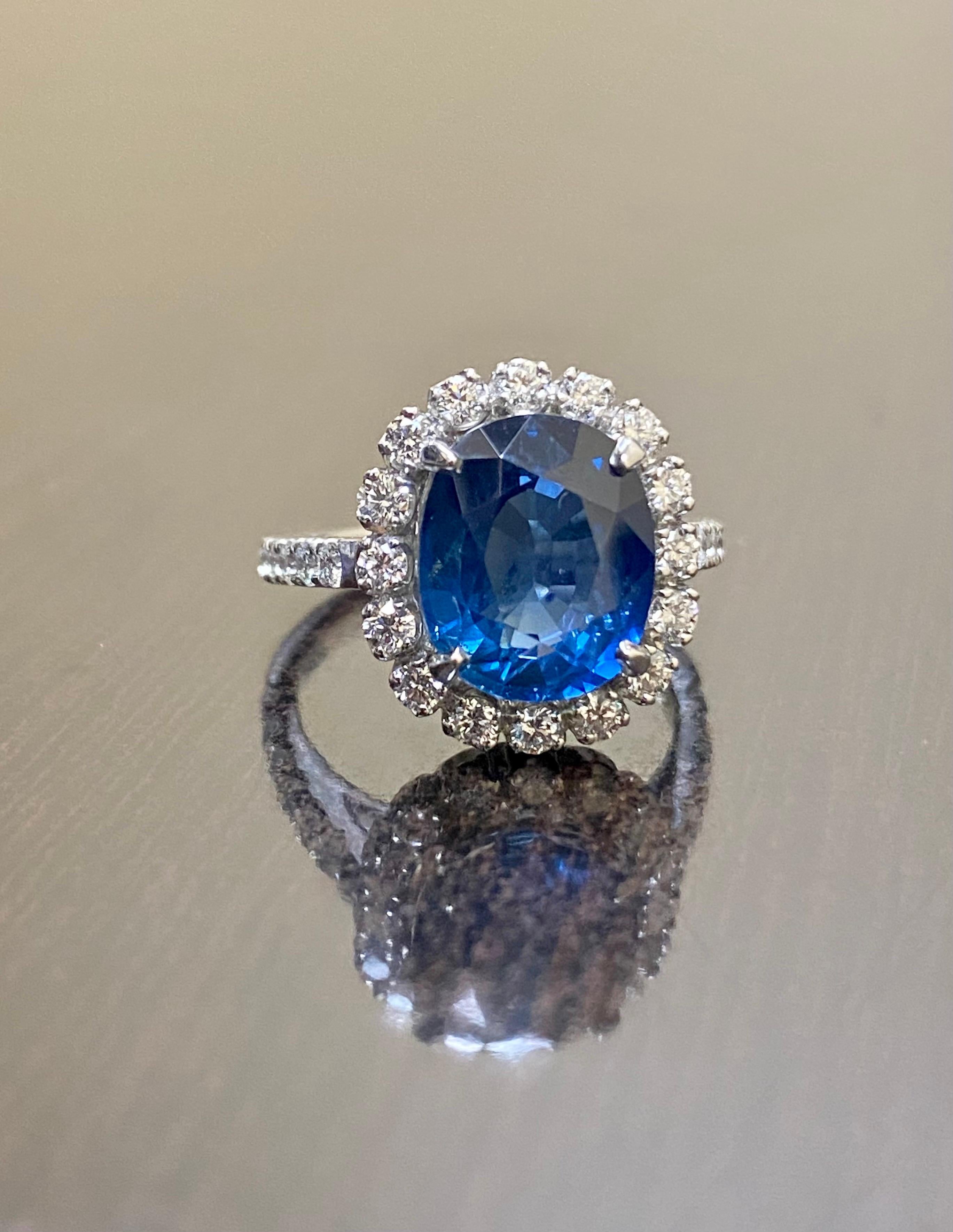 Art Deco Platinum Diamond GIA Certified 5.33 Carat Oval Blue Sapphire Engagement 5