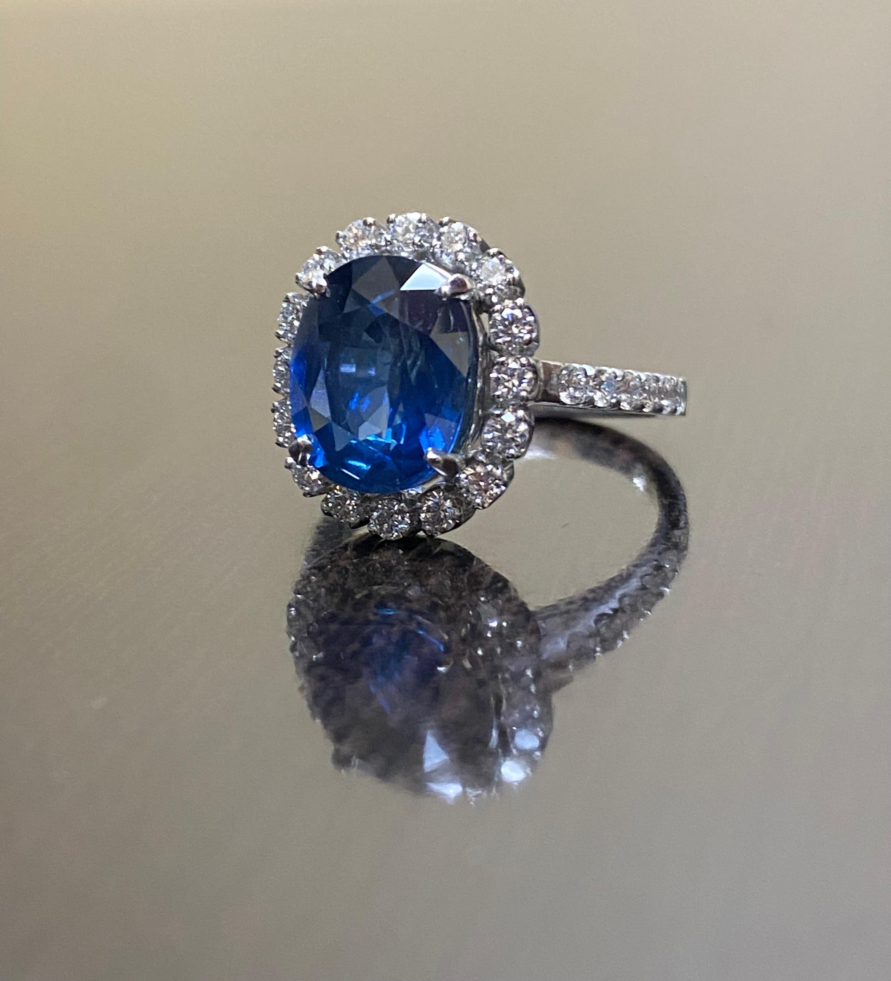 Art Deco Platinum Diamond GIA Certified 5.33 Carat Oval Blue Sapphire Engagement 2
