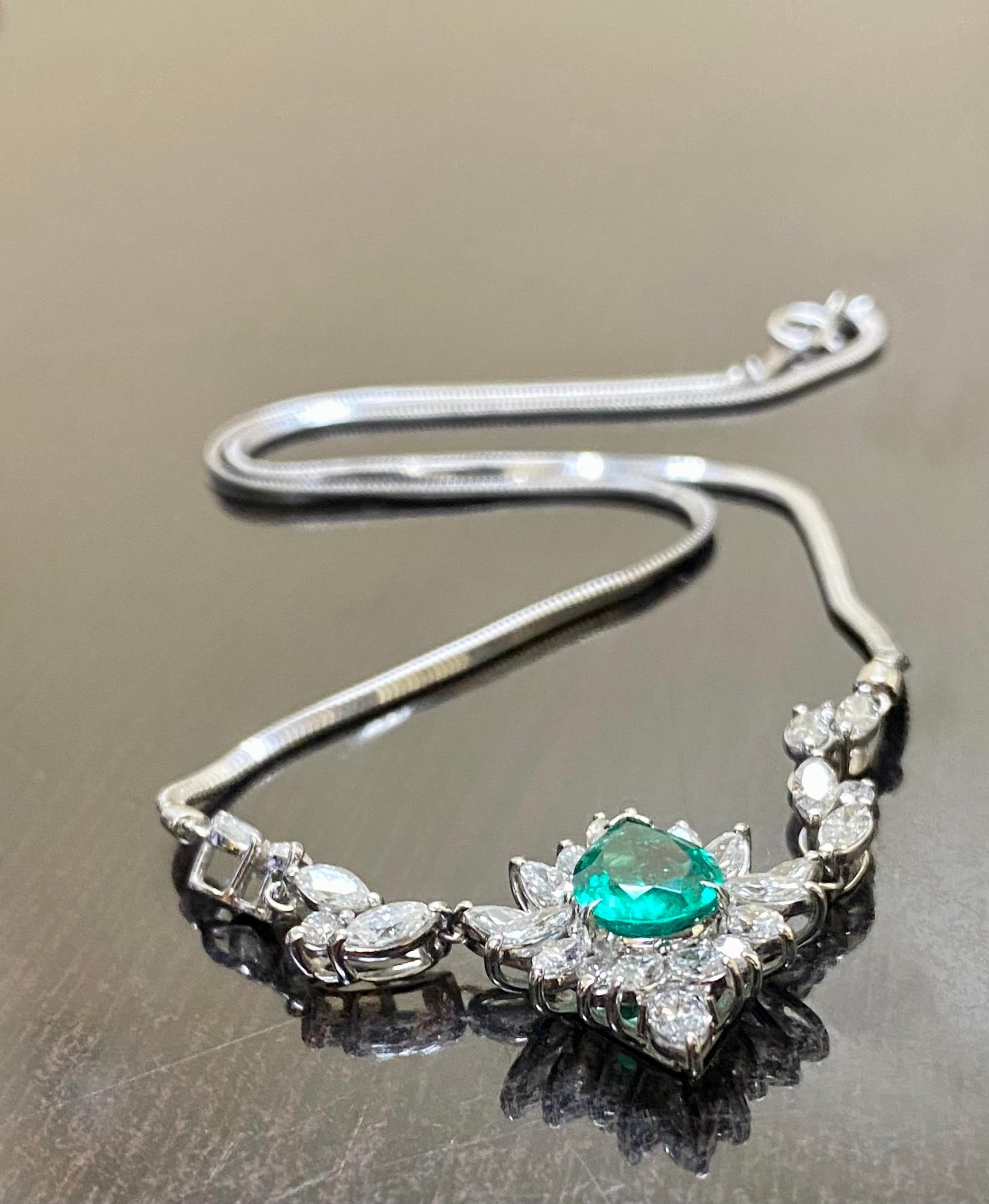 Art Deco Platinum Diamond GIA Certified Pear Shape F1 Colombian Emerald Necklace 1