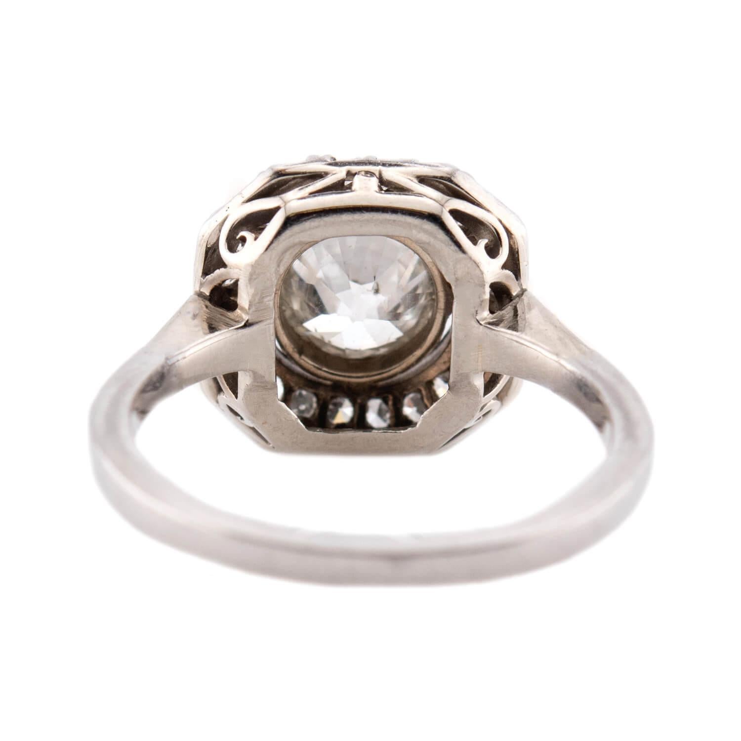 Taglio antico europeo Anello di fidanzamento aureolato in platino Art Deco 1,40ct in vendita