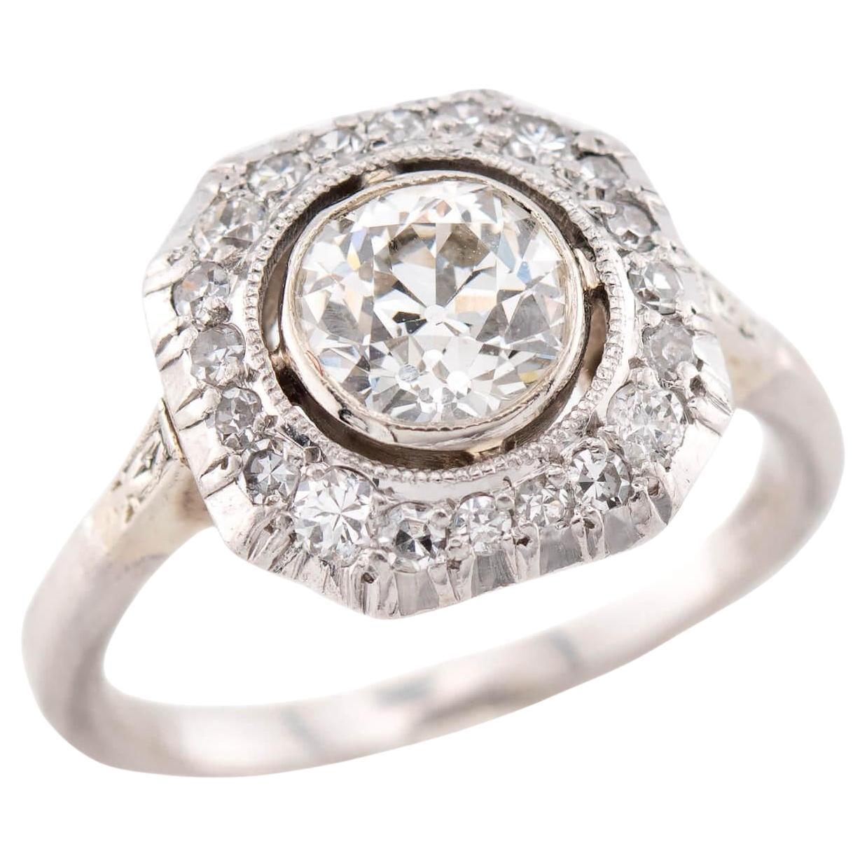 Anello di fidanzamento aureolato in platino Art Deco 1,40ct in vendita