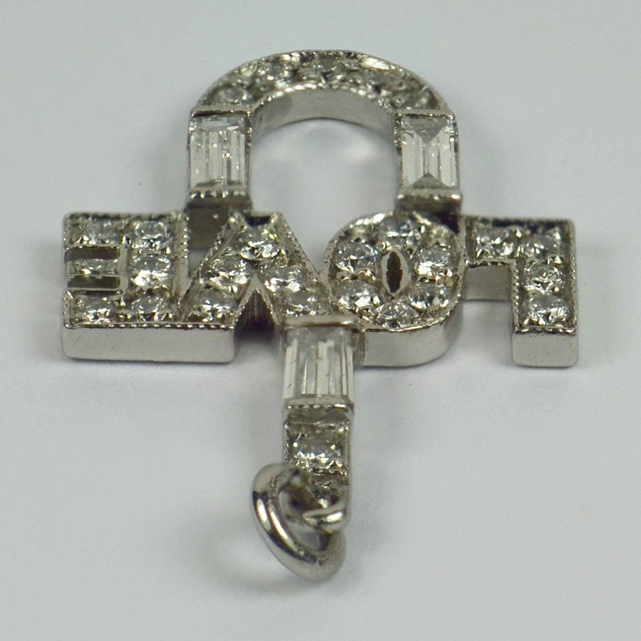 Art Deco Platinum Diamond I Love You Charm Pendant For Sale 1