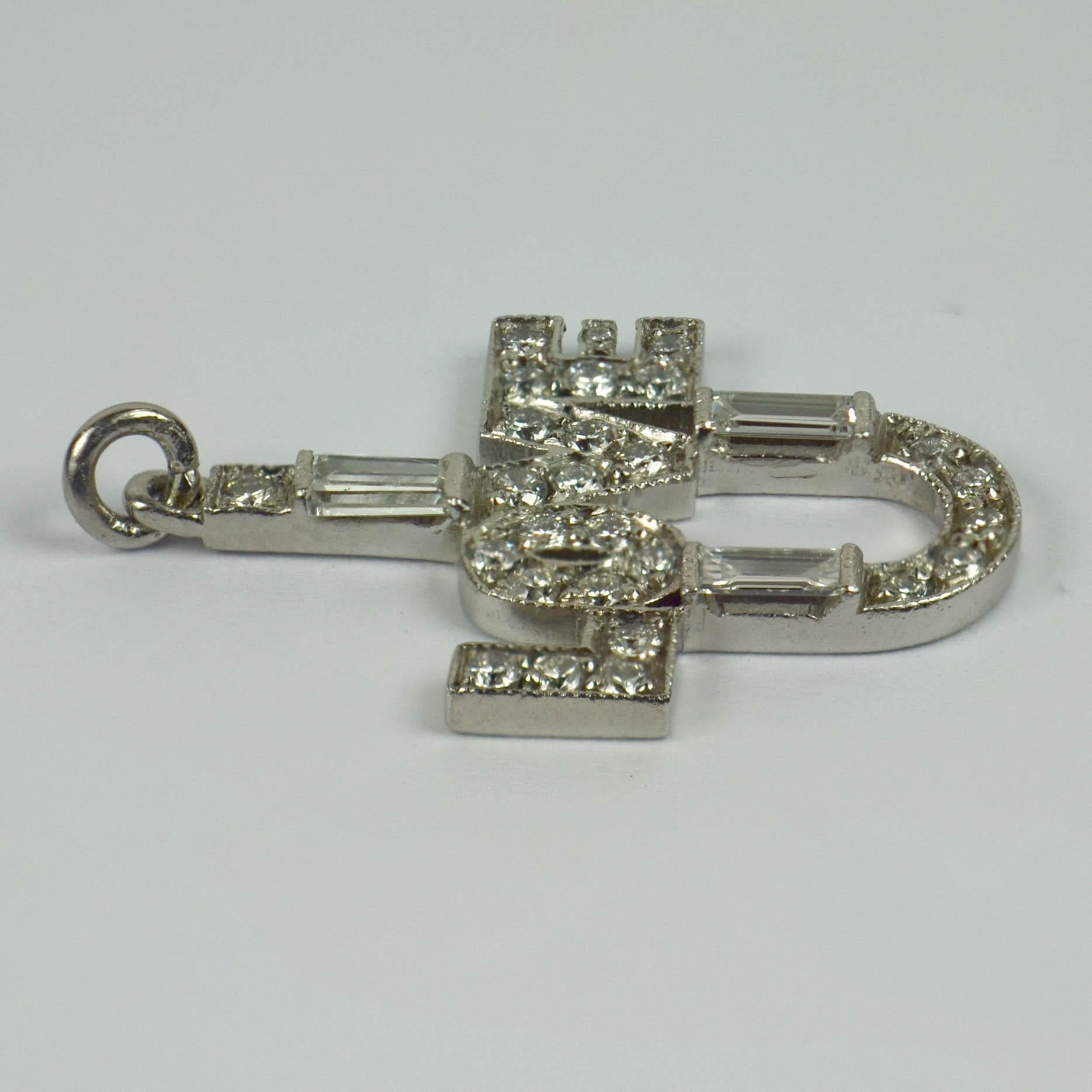 Art Deco Platinum Diamond I Love You Charm Pendant For Sale 2