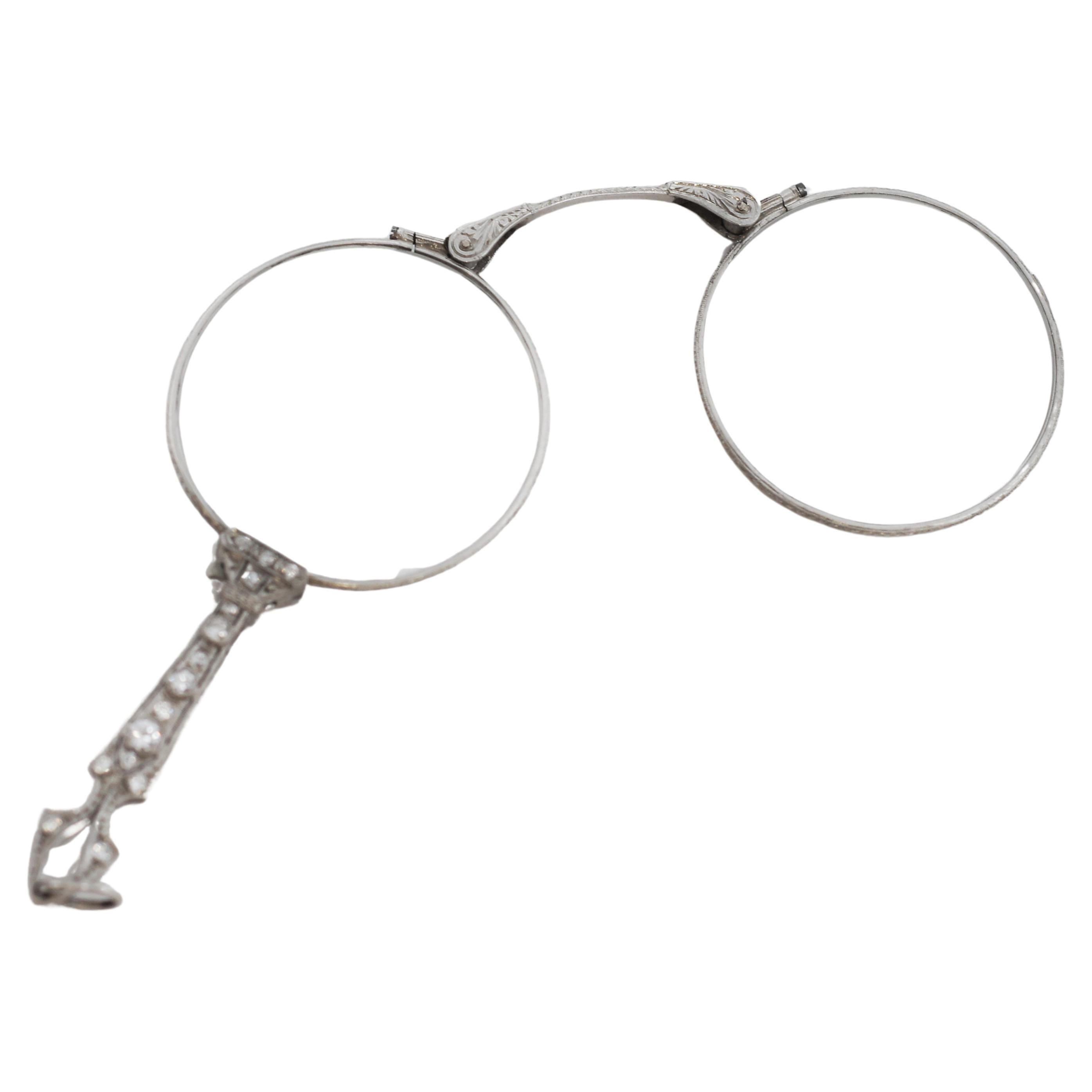 ART DECO Platinum Diamond Lorgnette Opera Glasses For Sale