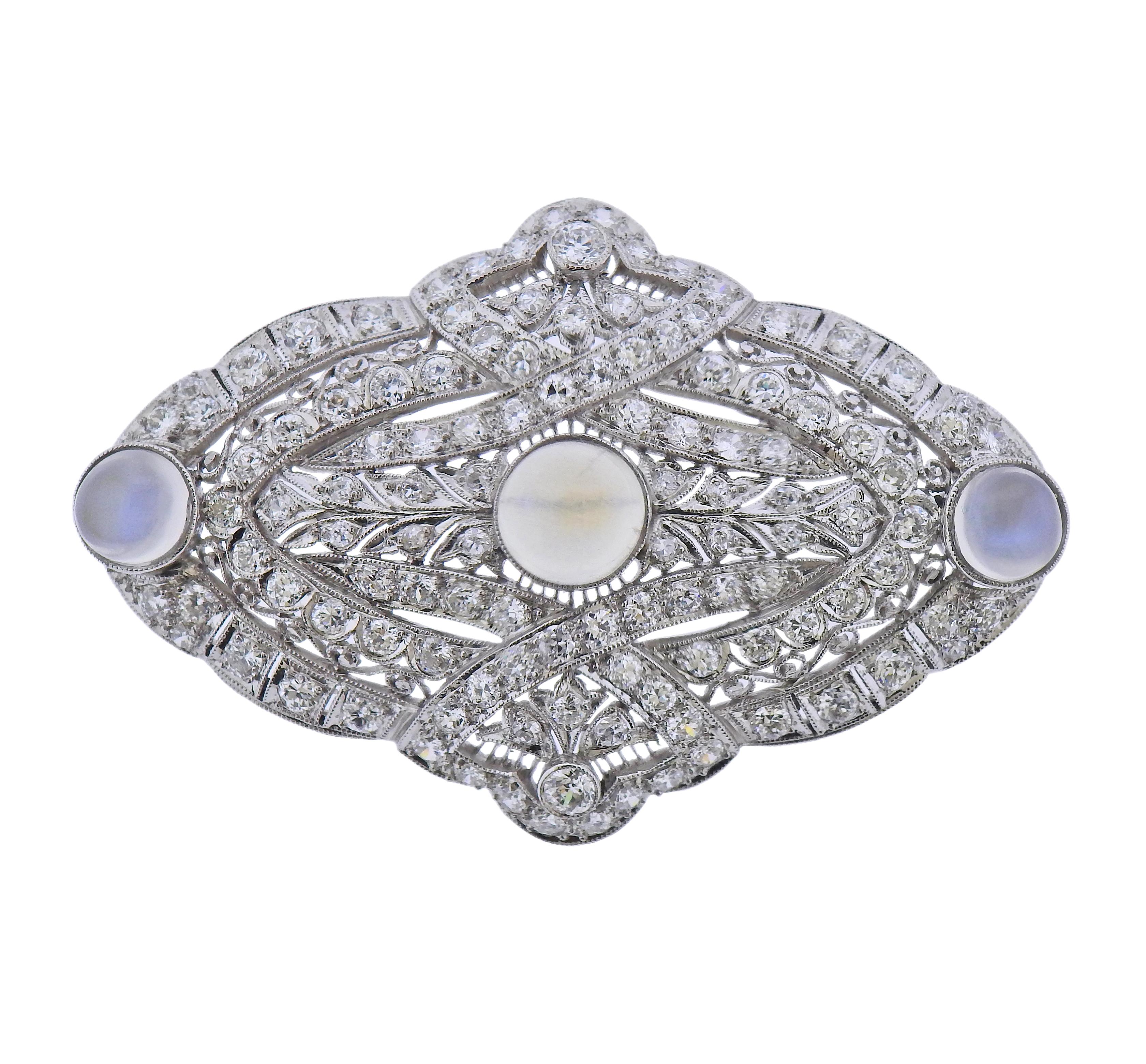 Cabochon Art Deco Platinum Diamond Moonstone Brooch Pendant For Sale