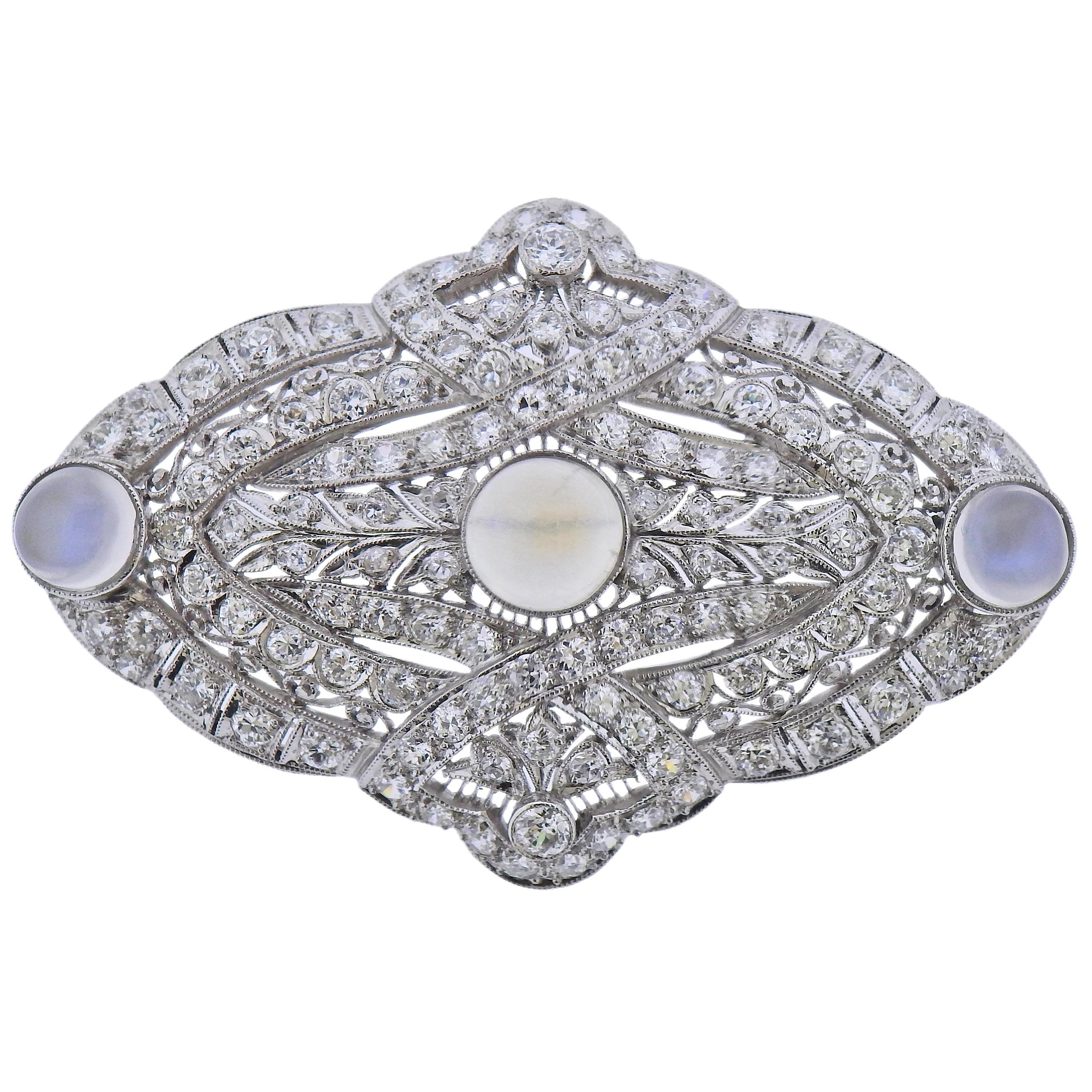 Art Deco Platinum Diamond Moonstone Brooch Pendant For Sale