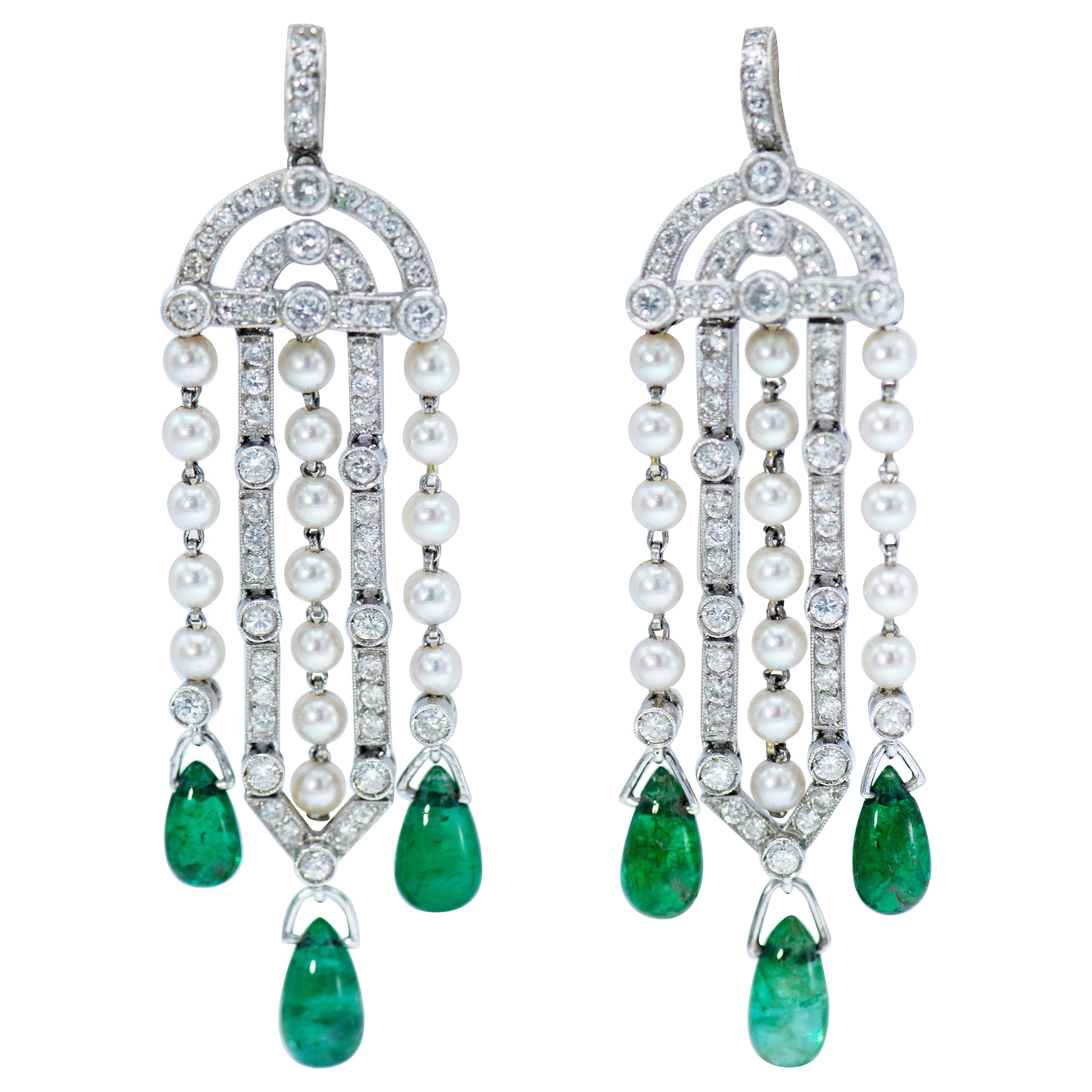 Art Deco Platinum Diamond, Natural Pearl and Emerald Earrings