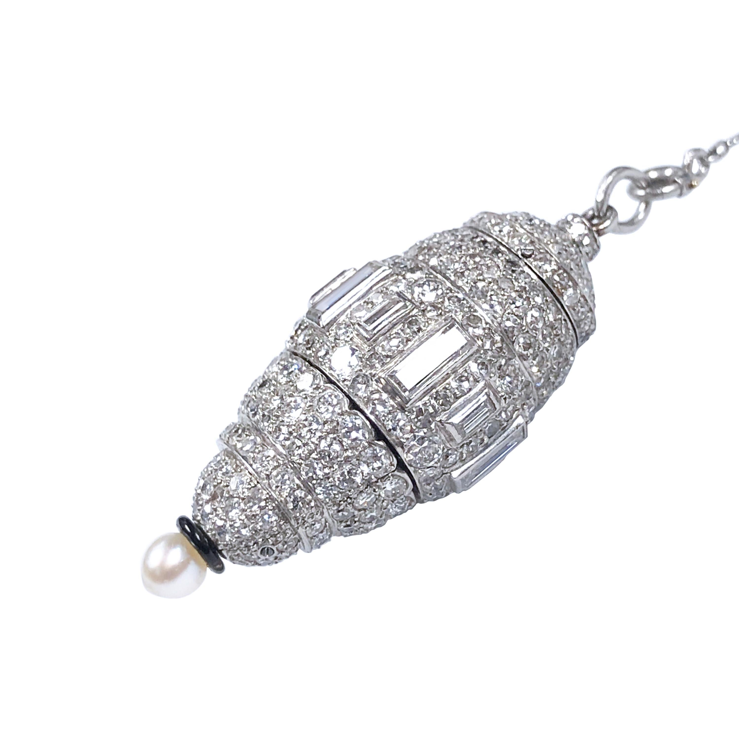 Women's Art Deco Platinum Diamond Natural Pearl Watch Pendant Necklace