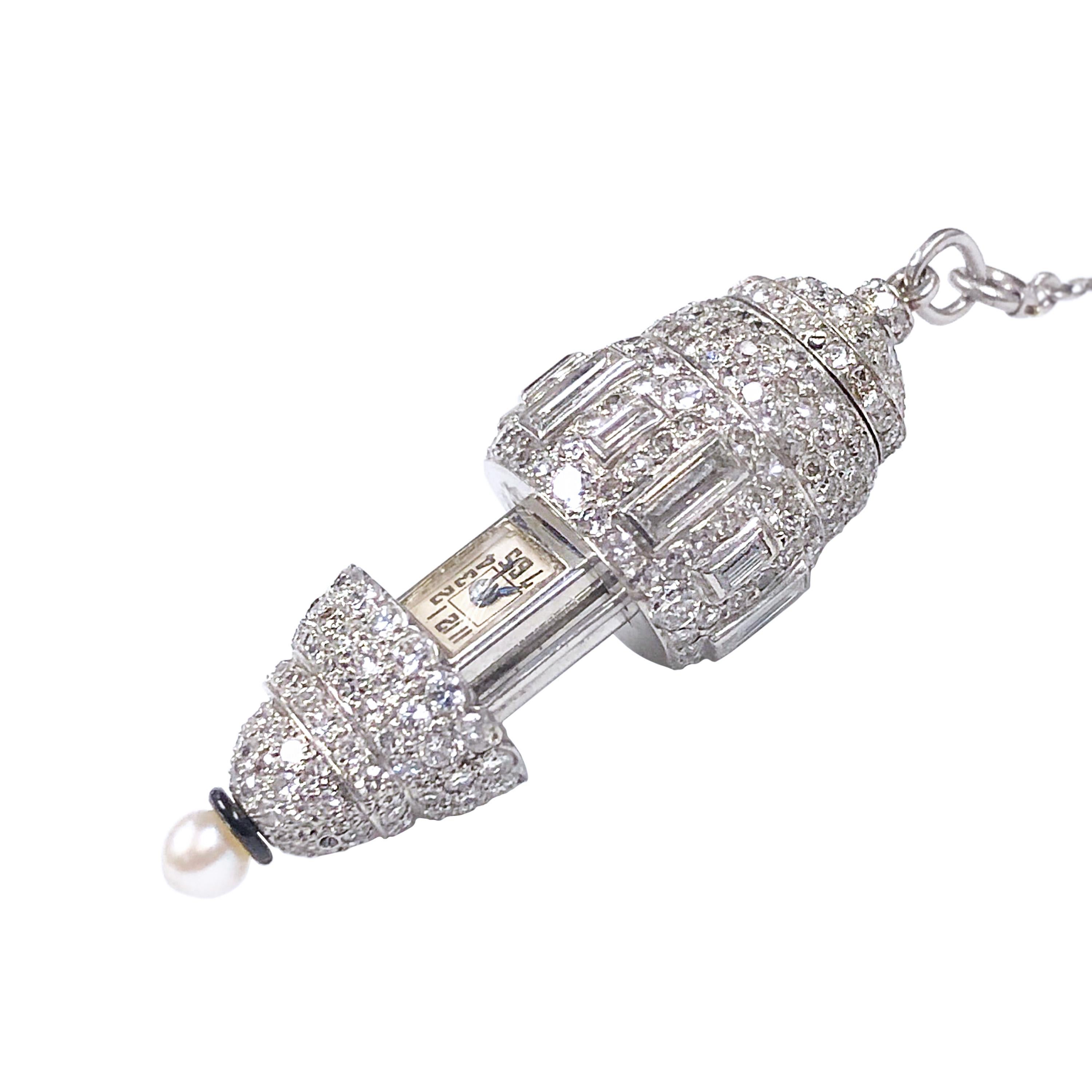 Art Deco Platinum Diamond Natural Pearl Watch Pendant Necklace 1