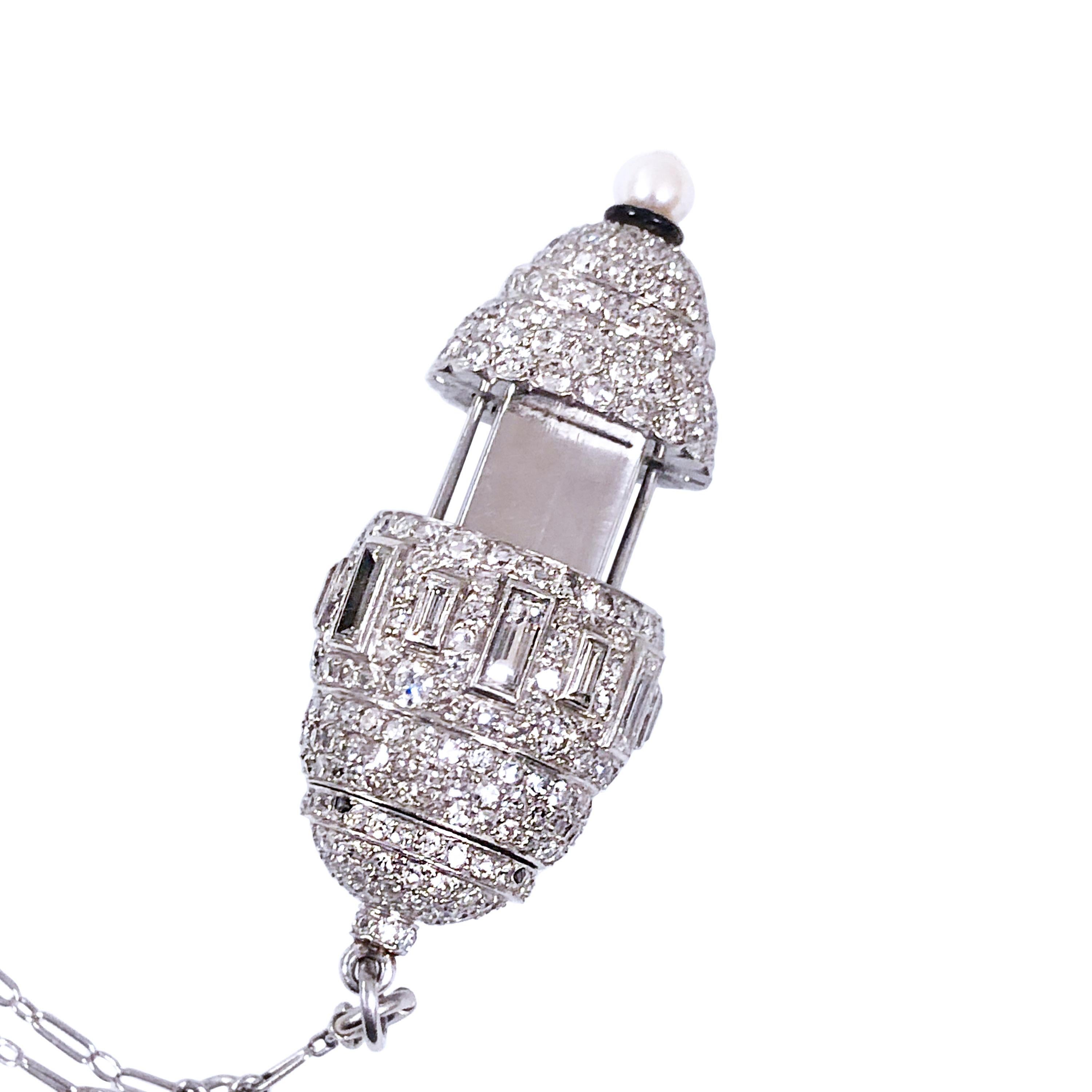 Art Deco Platinum Diamond Natural Pearl Watch Pendant Necklace 2