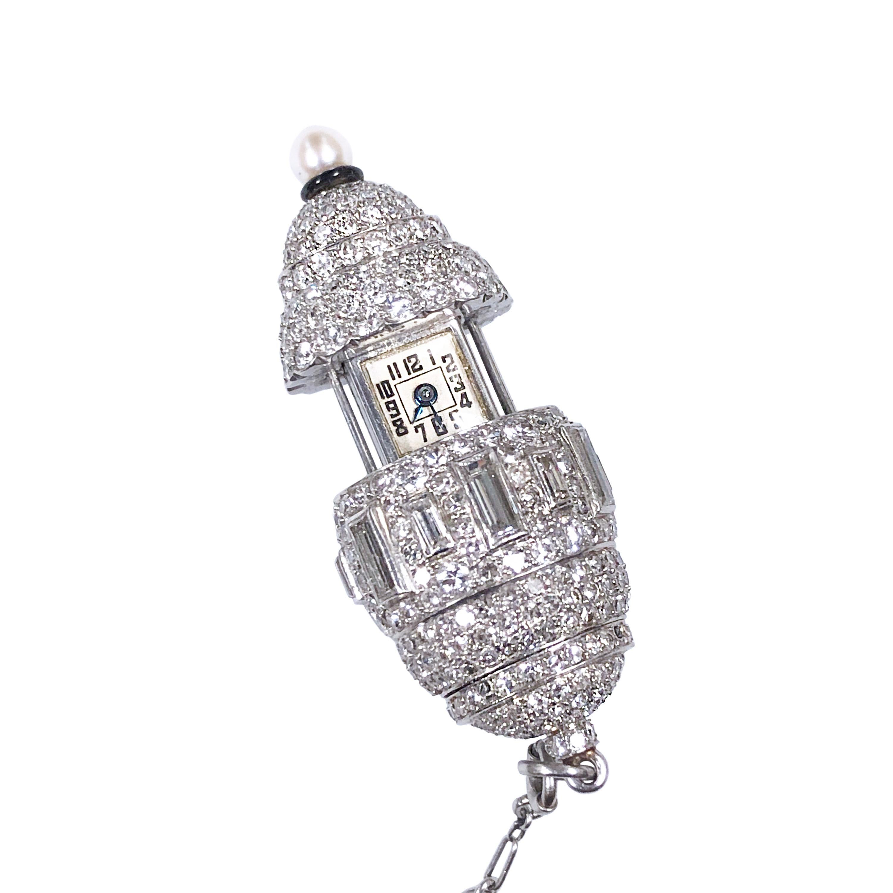 Art Deco Platinum Diamond Natural Pearl Watch Pendant Necklace 3