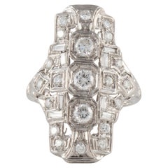 Vintage Art Deco Platinum Diamond Navette Ring with Engraving and Filigree