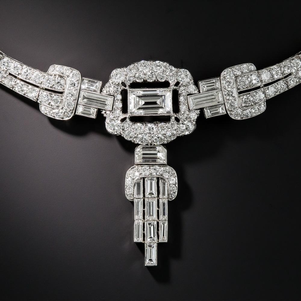 Baguette Cut Art Deco Platinum Diamond Necklace