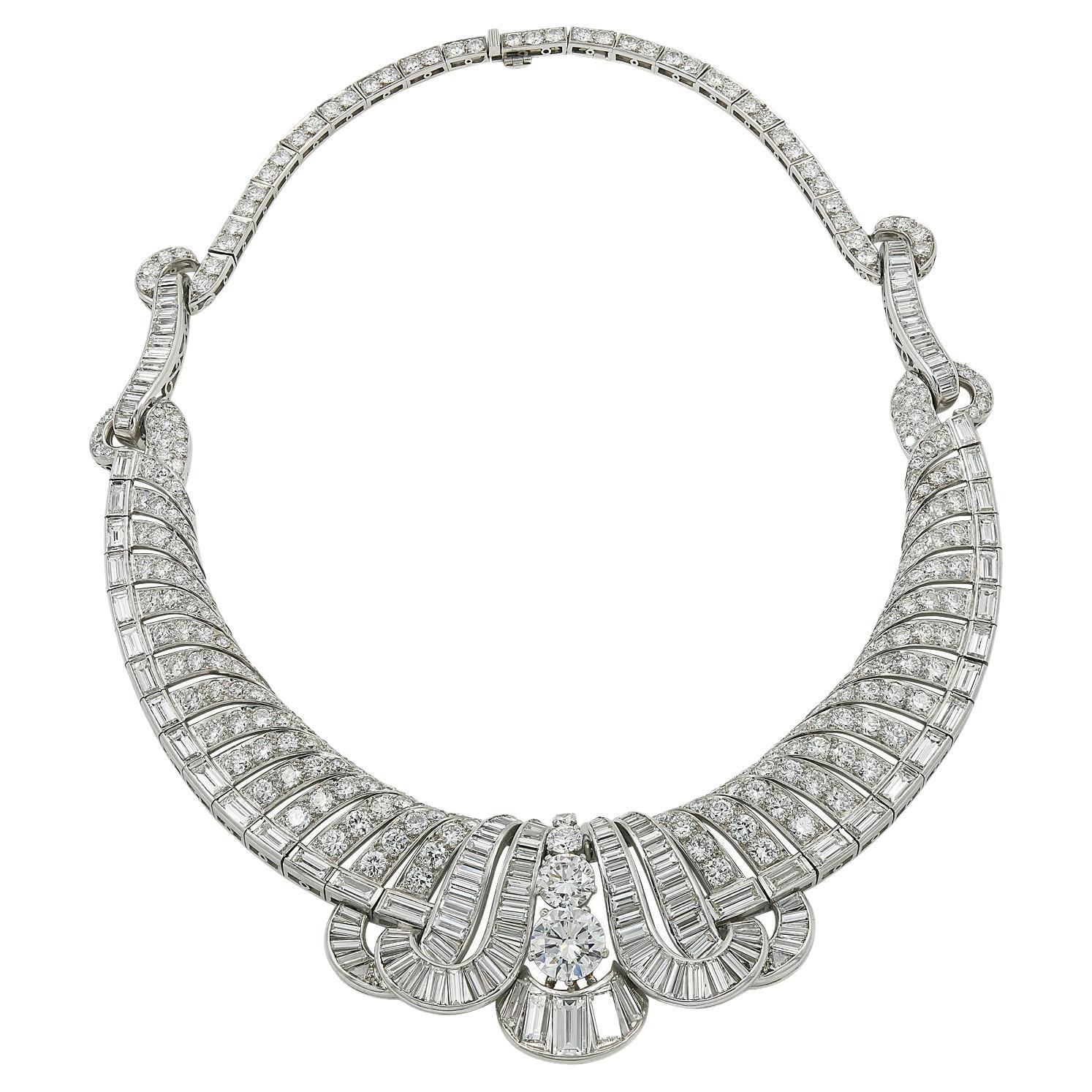 Art Deco Platinum Diamond Necklace For Sale