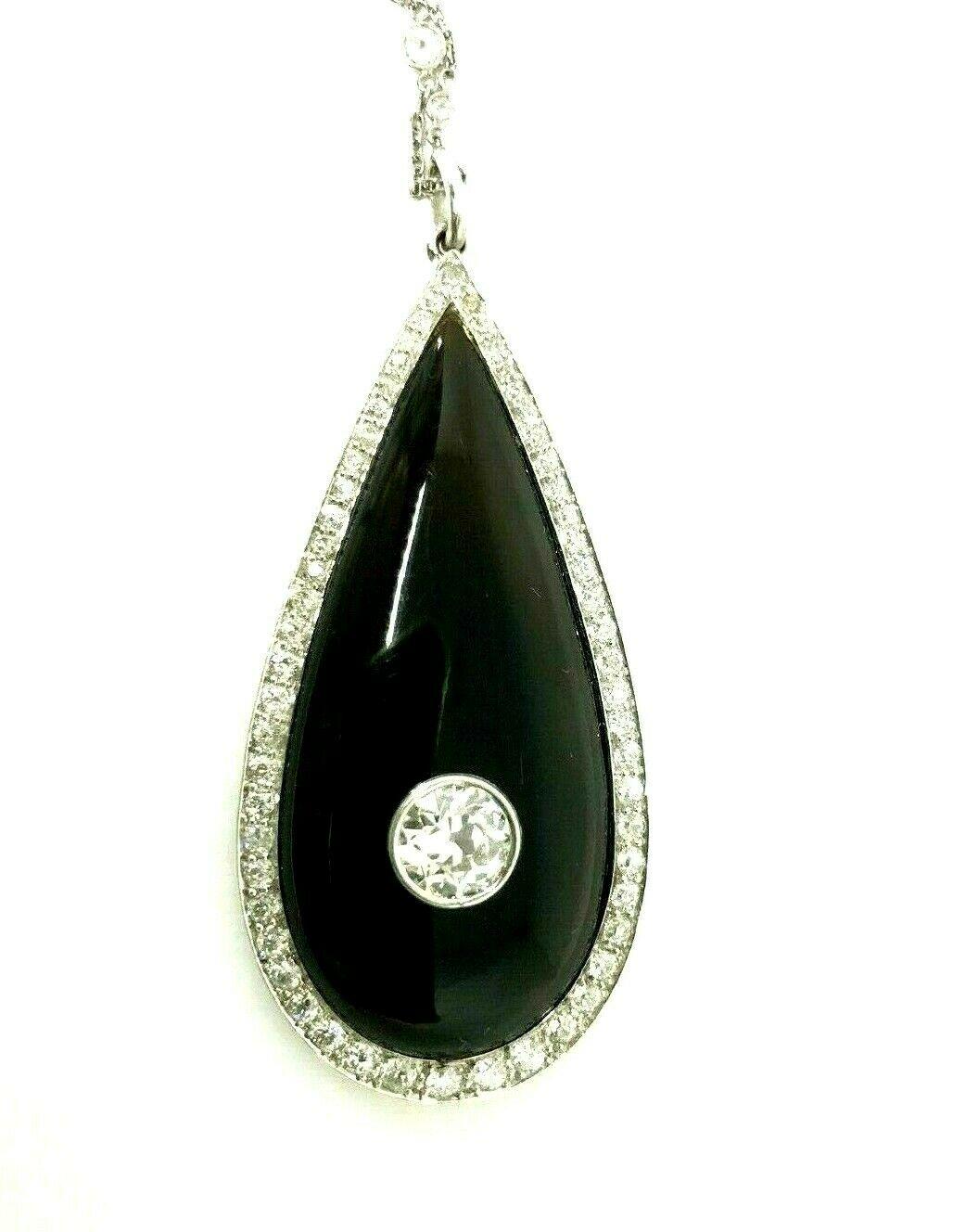 Old European Cut Art Deco Platinum Diamond Necklace Onyx Locket Pendant