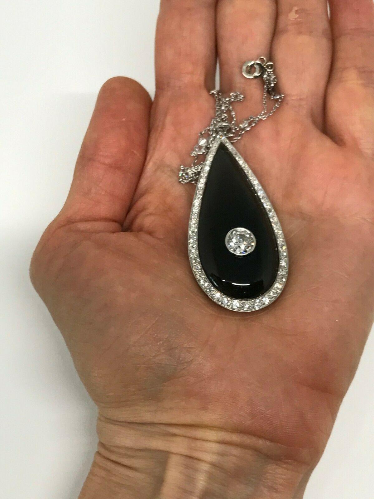 Women's or Men's Art Deco Platinum Diamond Necklace Onyx Locket Pendant