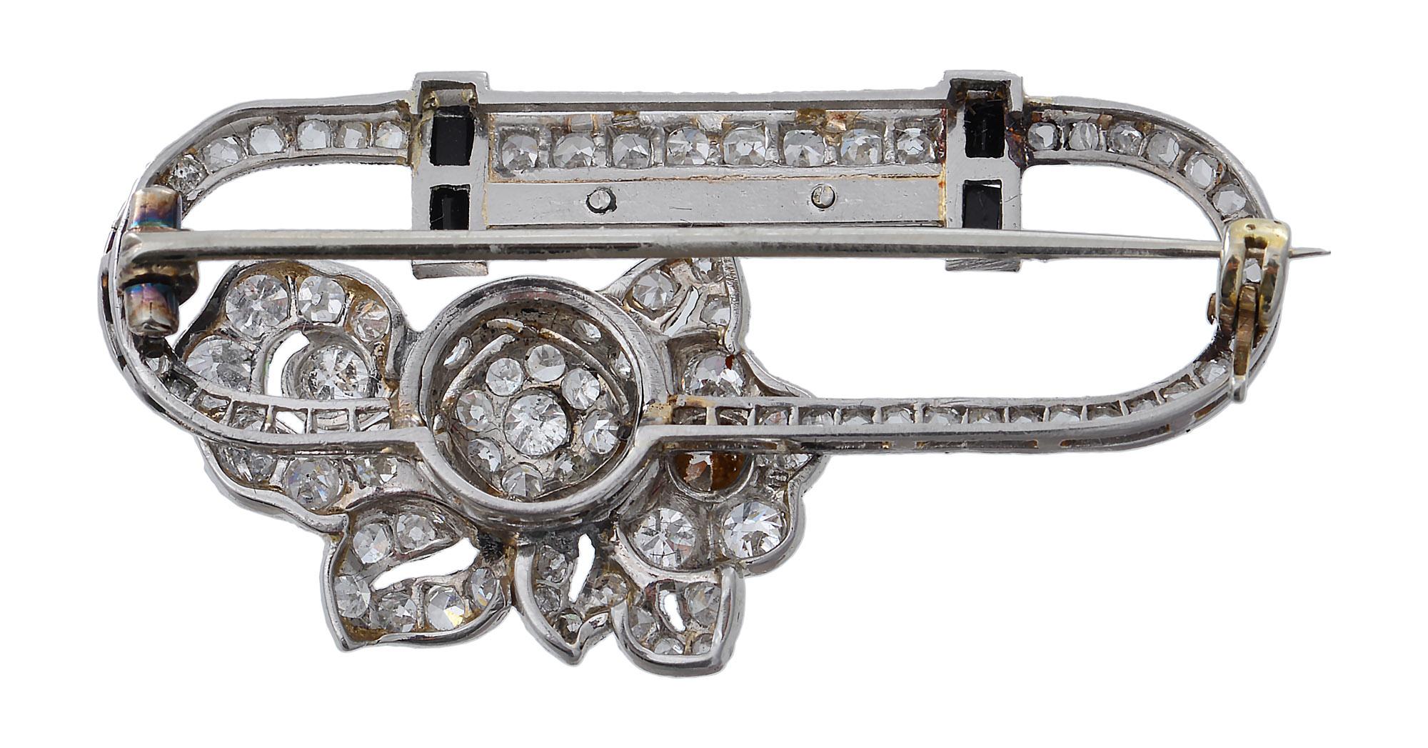 Rose Cut Art Deco Platinum, Diamond, Onyx and Diamond Stylized Brooch For Sale