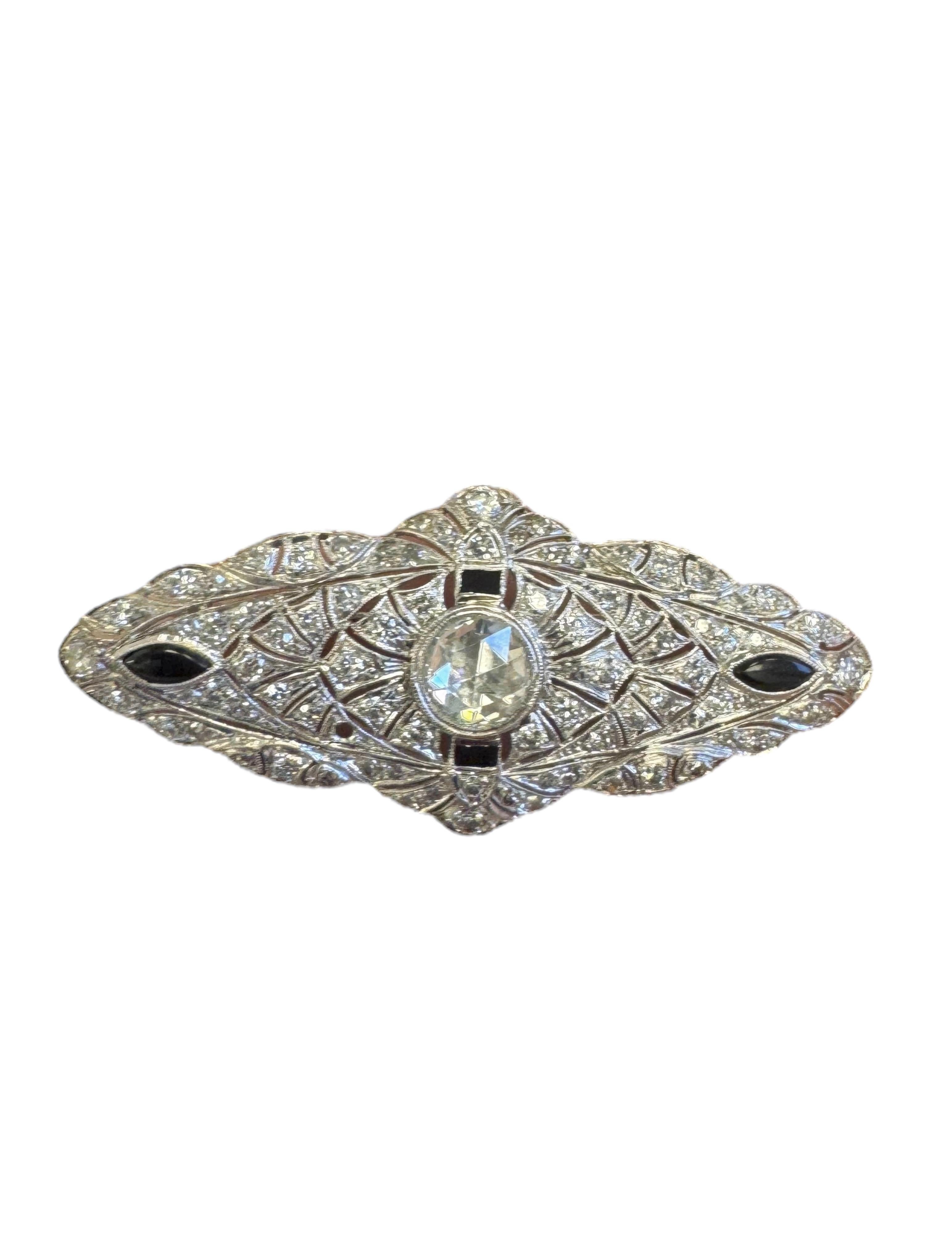 Art Deco Brosche aus Platin, Diamanten und Onyx im Angebot 4
