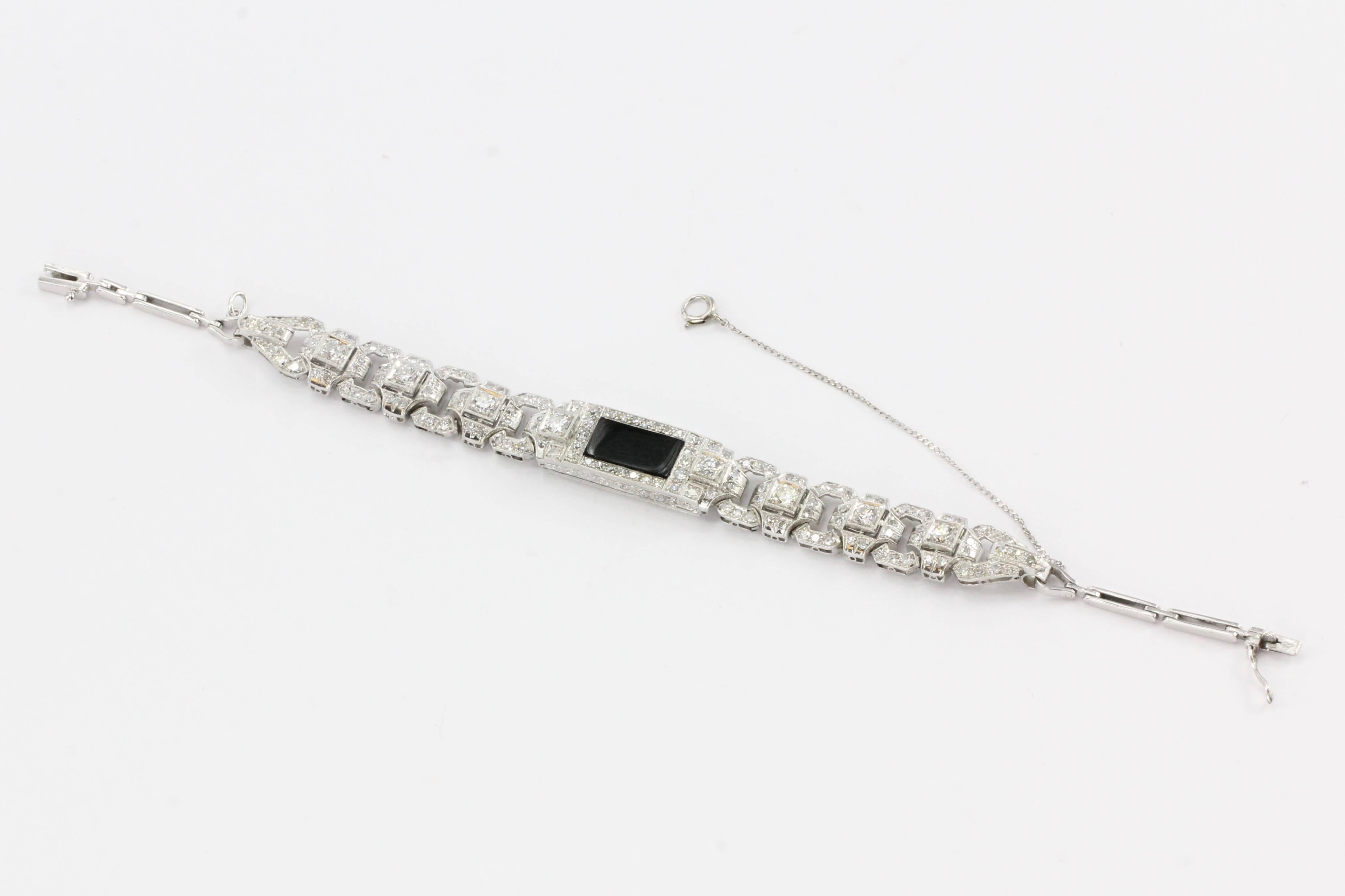 Art Deco Platinum Diamond Onyx Conversion Bracelet, circa 1930s In Excellent Condition In Cape May, NJ