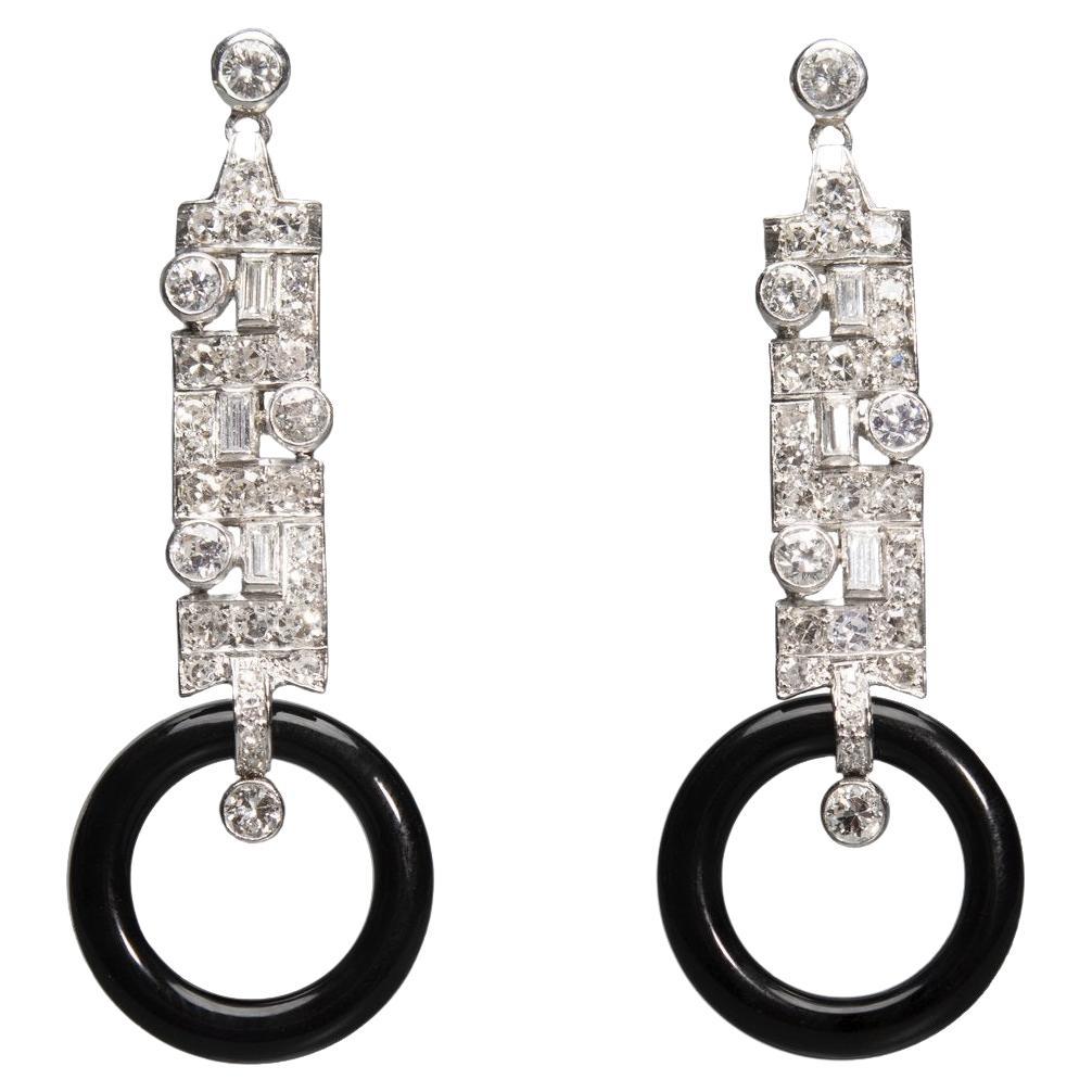 Art Deco Platinum Diamond + Onyx Dangle Hoop Earrings