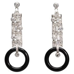 Art Deco Platinum Diamond + Onyx Dangle Hoop Earrings