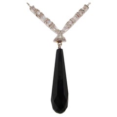 Art Deco Platinum Diamond Onyx Dangle Y Necklace from 1925