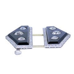 Art Deco Platinum Diamond & Onyx Double Clip Brooch Charlton & Co.