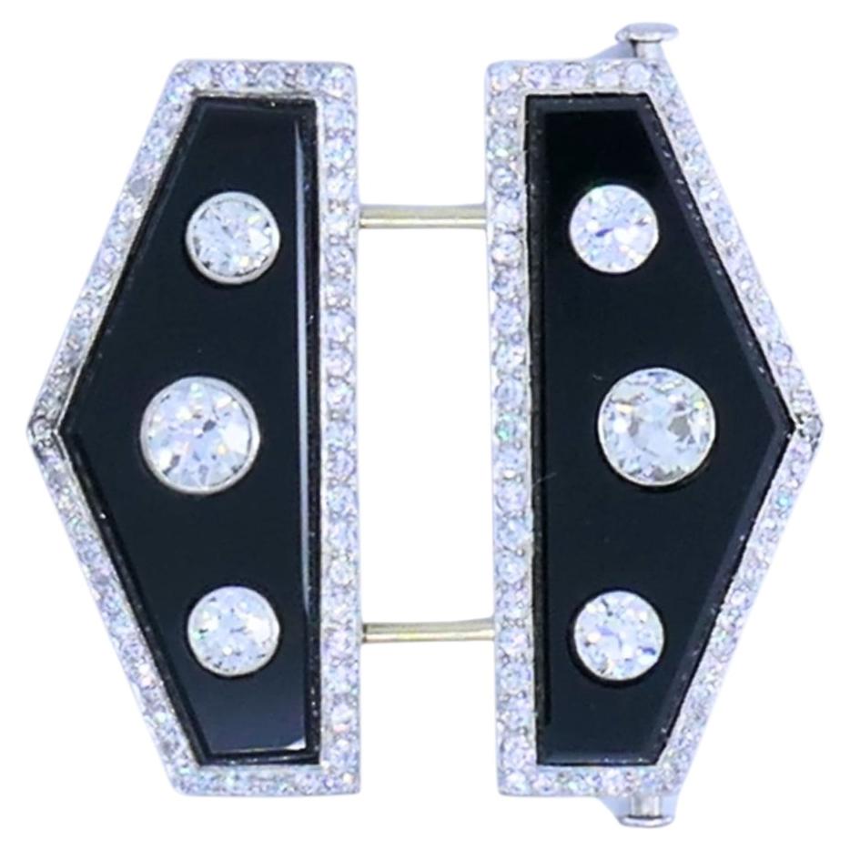 Art Deco Platinum Diamond & Onyx Double Clip Brooch Charlton & Co.