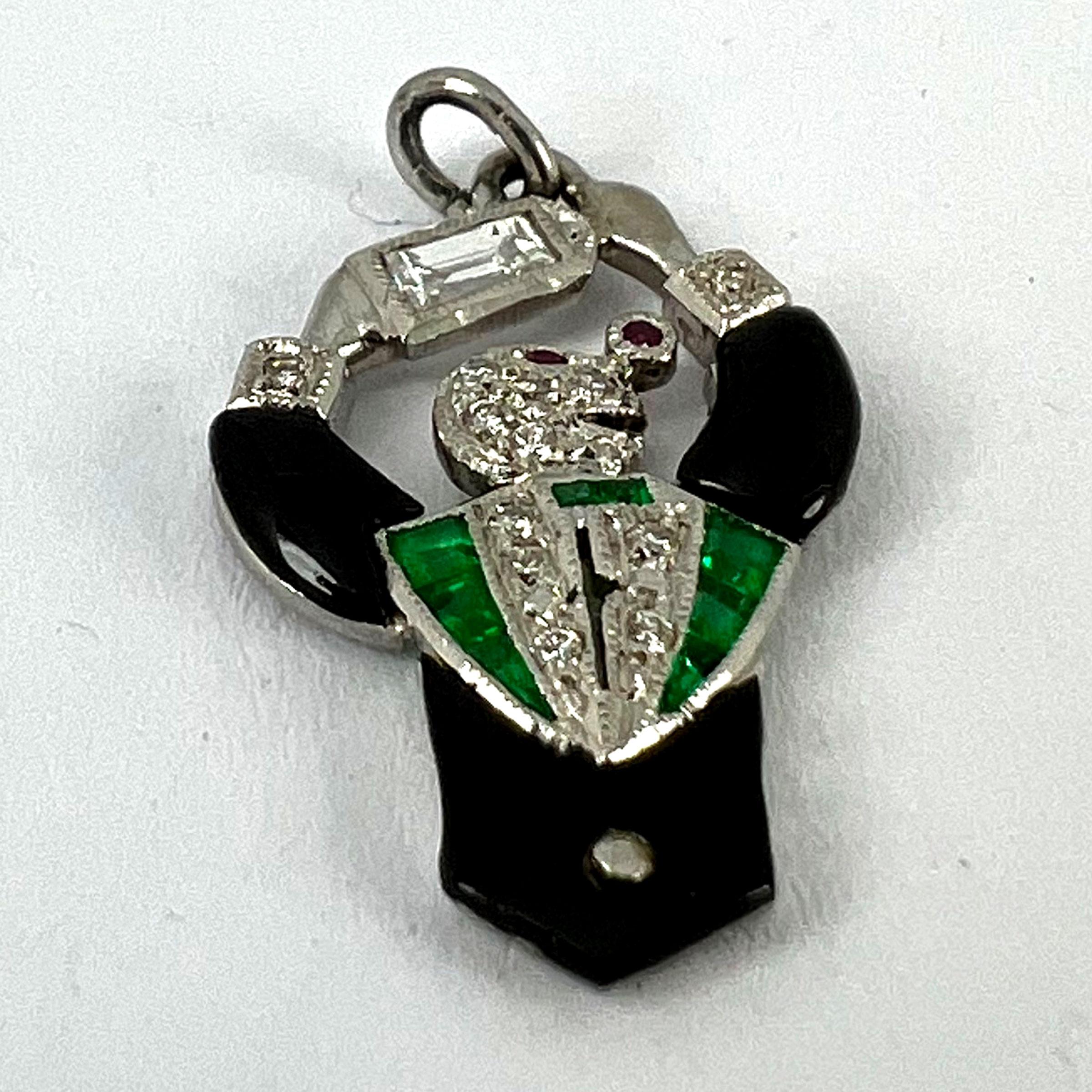 Art Deco Platinum Diamond Onyx Emerald Ruby Cocktail Waiter Charm Pendant For Sale 8