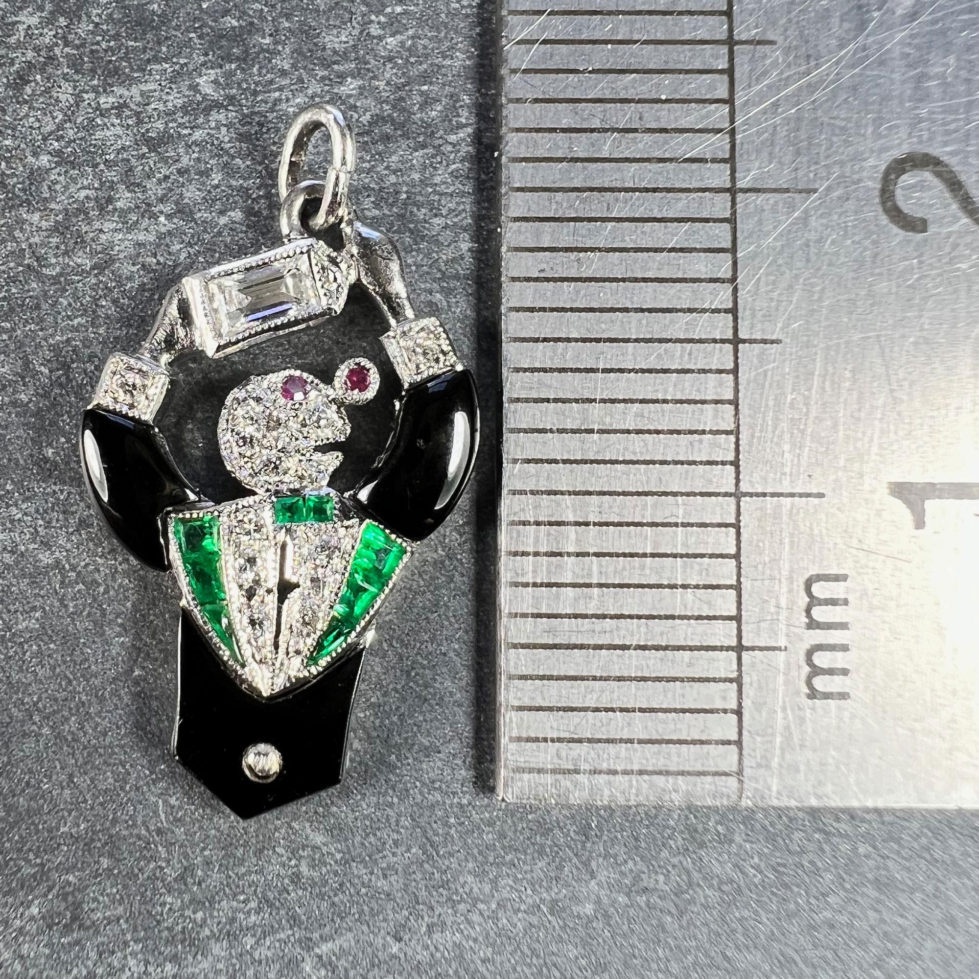 Art Deco Platinum Diamond Onyx Emerald Ruby Cocktail Waiter Charm Pendant For Sale 4