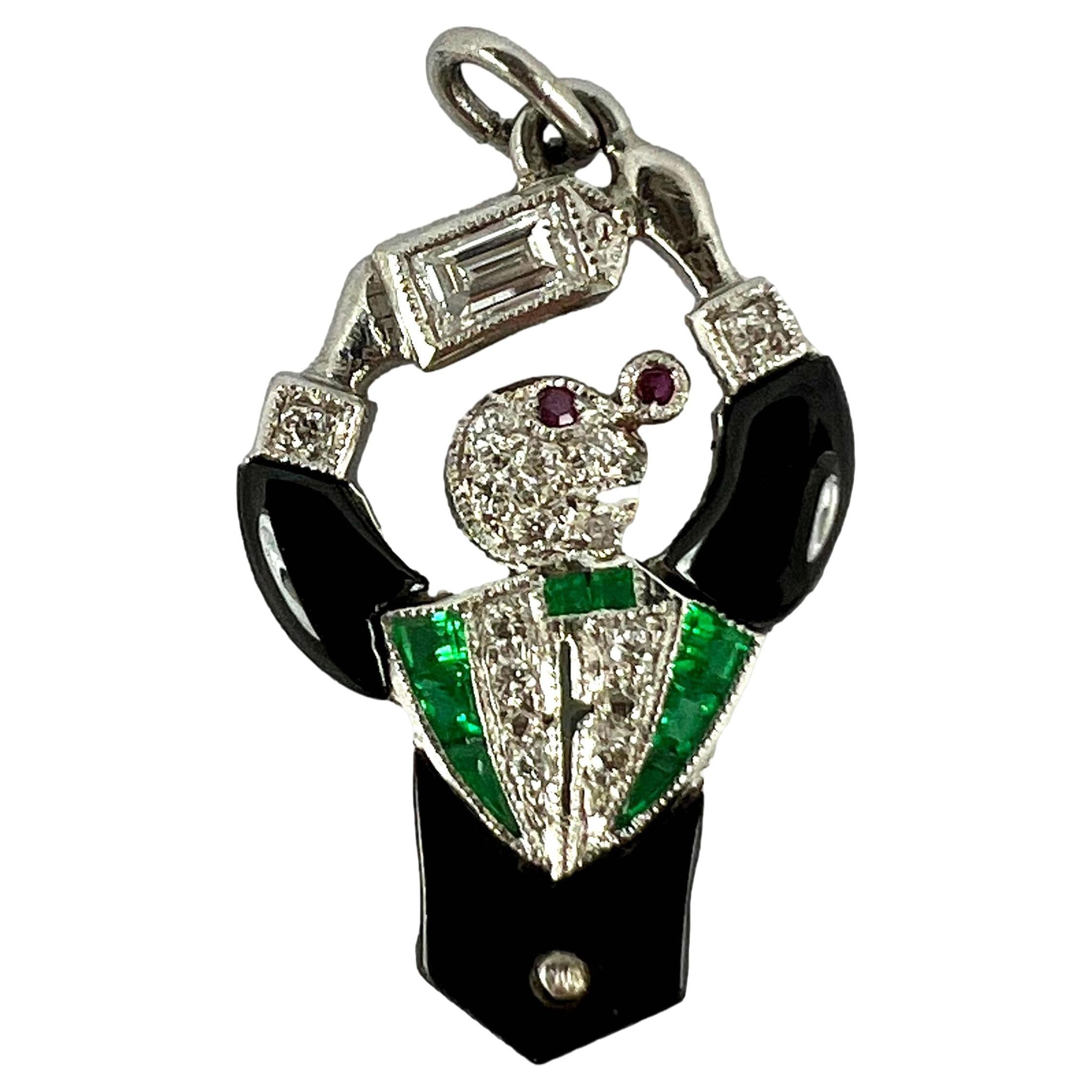 Art Deco Platinum Diamond Onyx Emerald Ruby Cocktail Waiter Charm Pendant For Sale