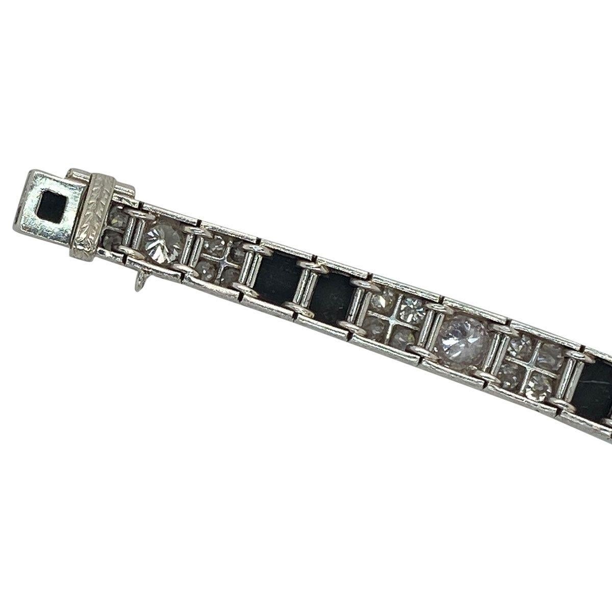 Art Deco Platinum Diamond and Onyx Engraved Line Bracelet For Sale 4