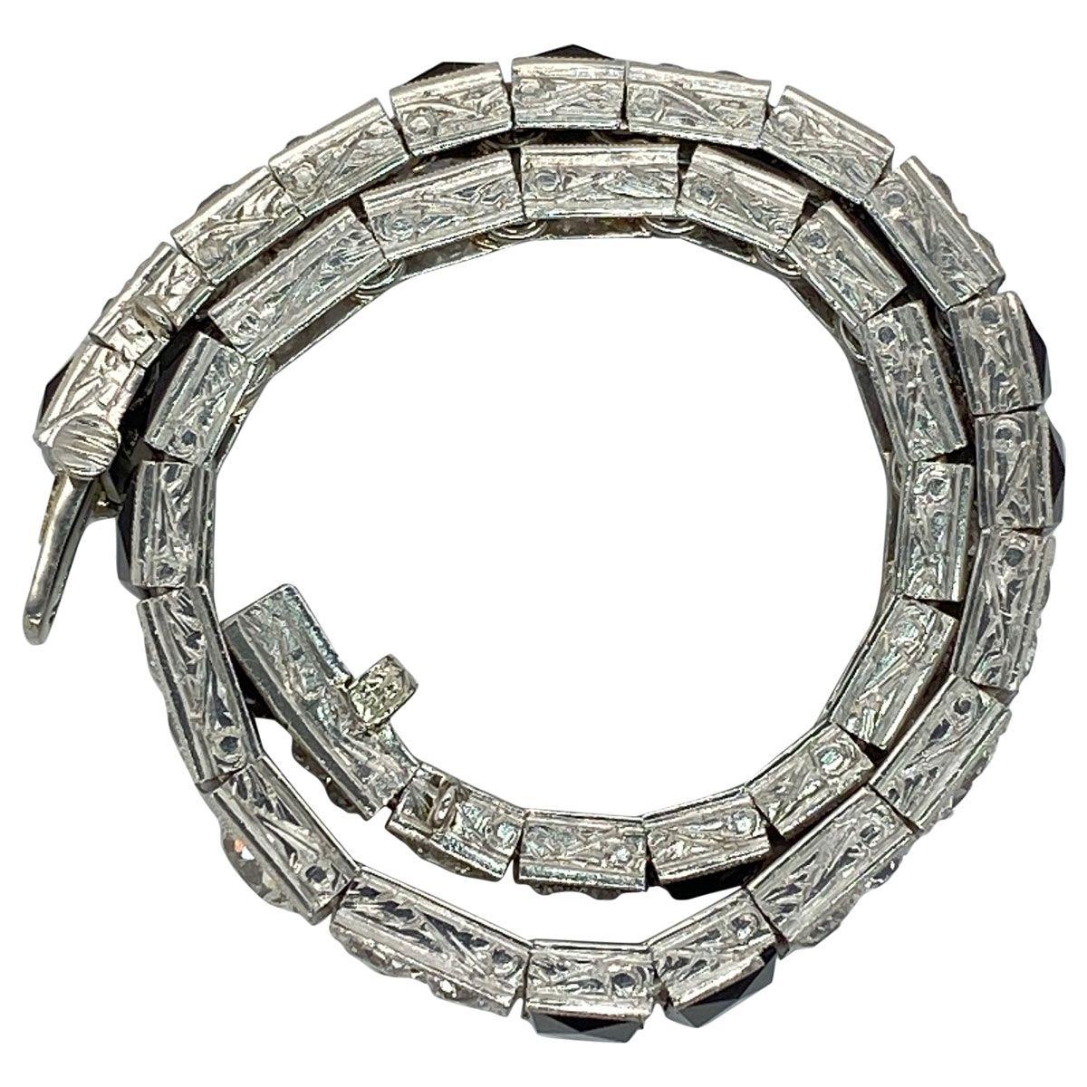 Art Deco Platinum Diamond and Onyx Engraved Line Bracelet For Sale 6