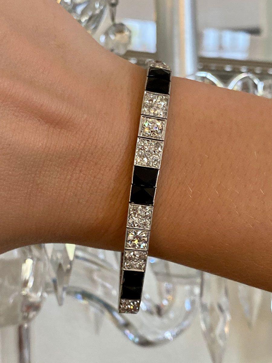 Art Deco Platinum Diamond and Onyx Engraved Line Bracelet For Sale 7