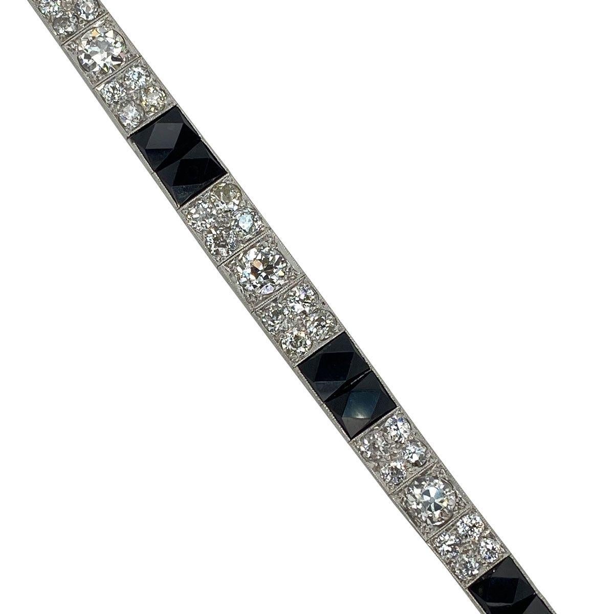 Art Deco Platinum Diamond and Onyx Engraved Line Bracelet In Good Condition For Sale In QLD , AU