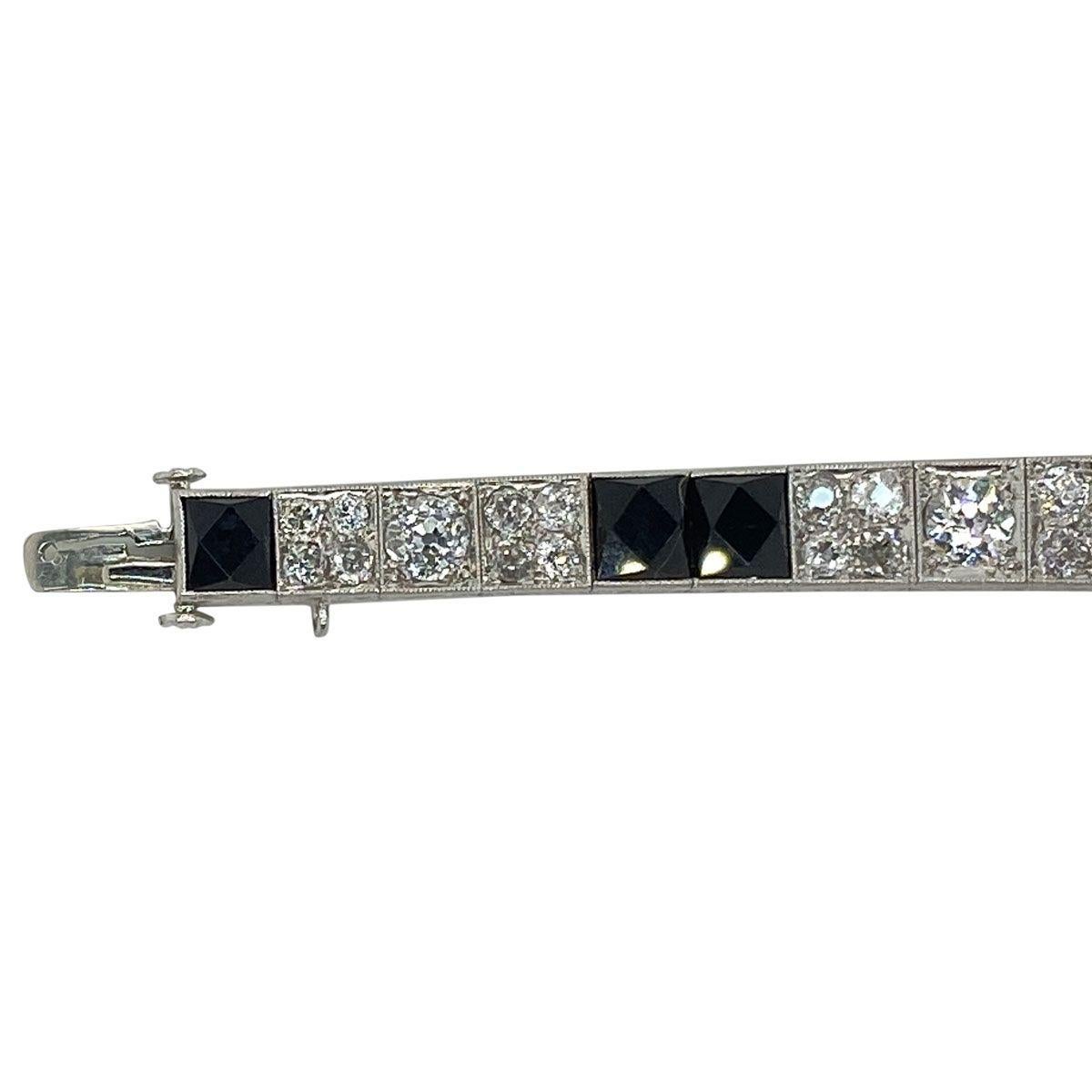 Women's Art Deco Platinum Diamond and Onyx Engraved Line Bracelet For Sale