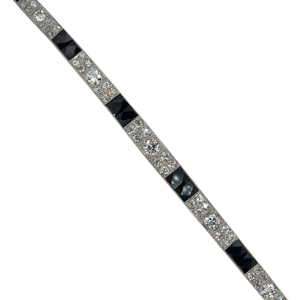 Art Deco Platinum Diamond and Onyx Engraved Line Bracelet For Sale 1